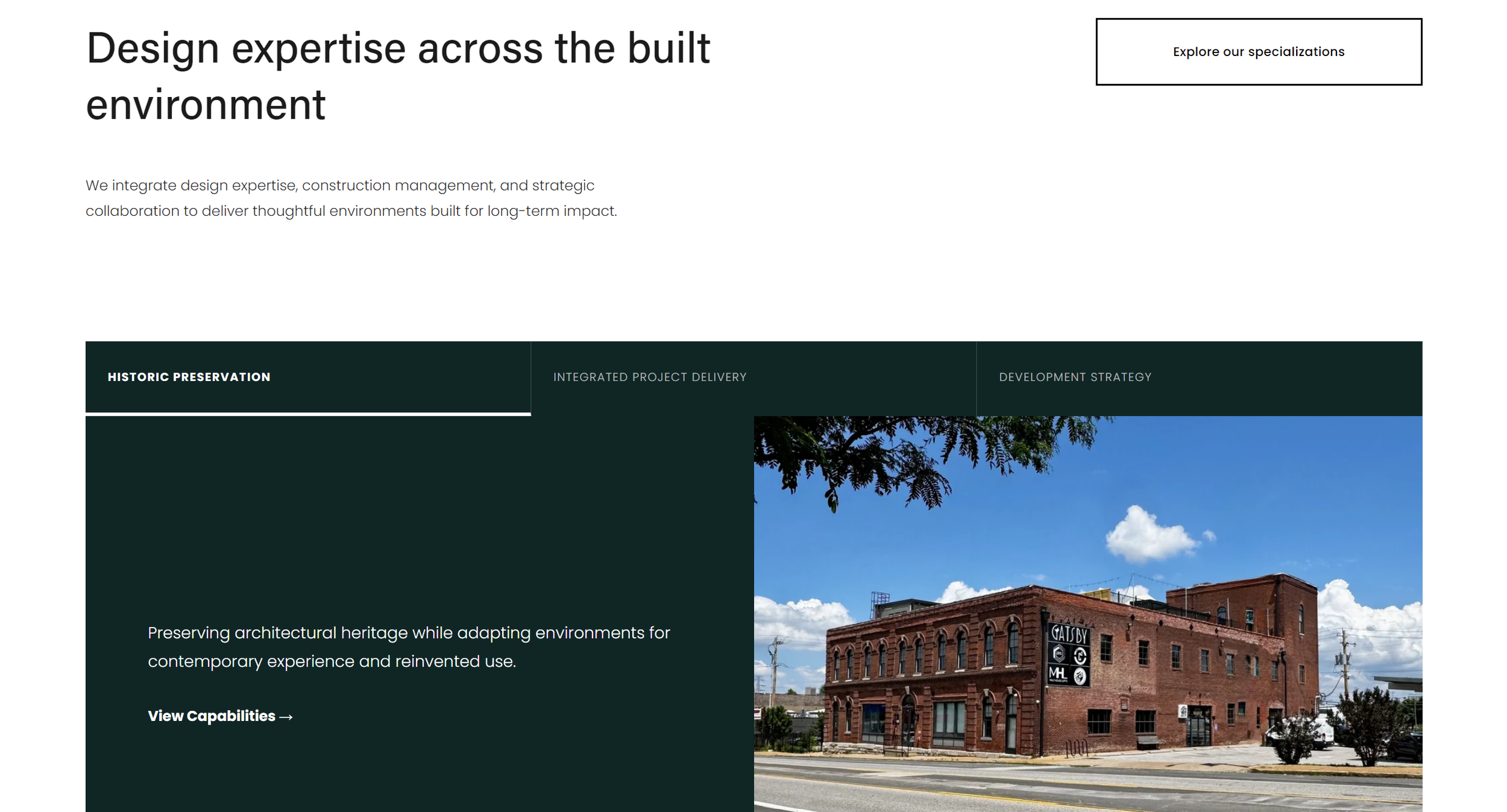 A webpage layout with a header titled 'Design expertise across the built environment', sections about preservation and project delivery, and an image of a historic brick building with a blue sky and some clouds in the background.