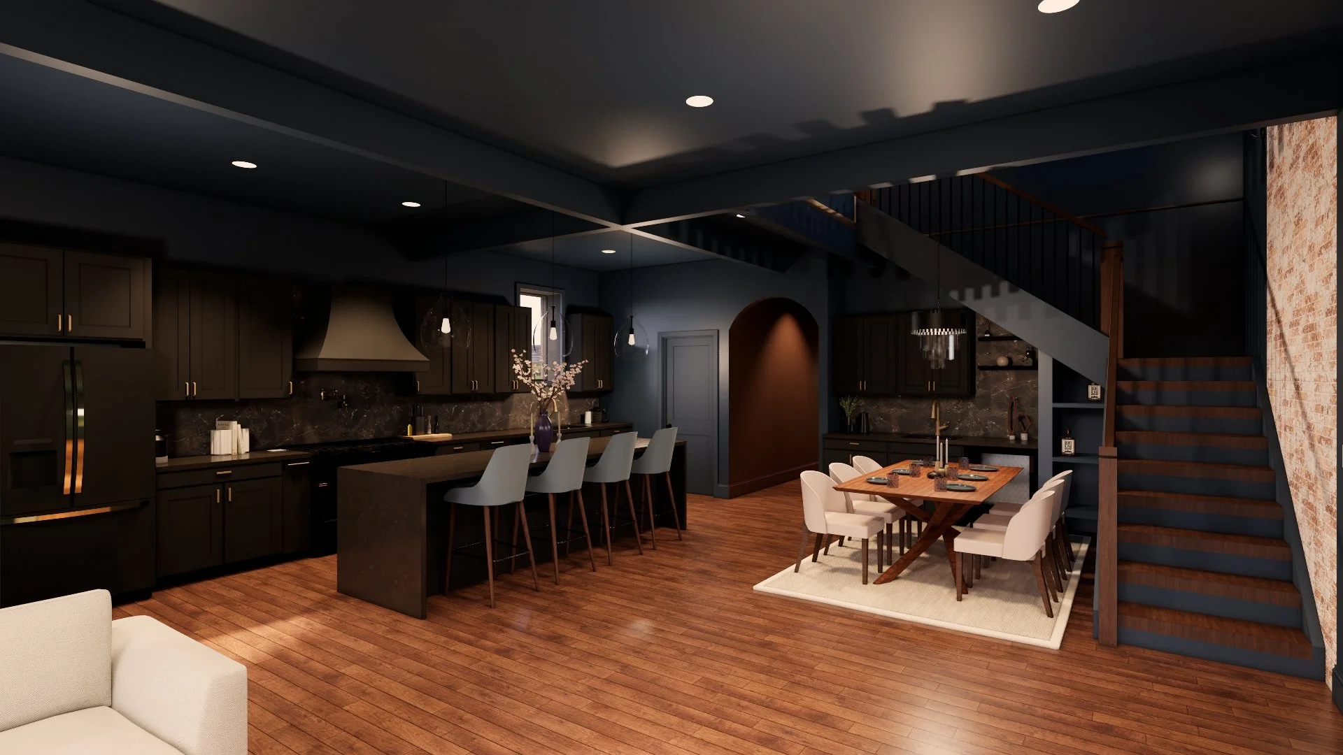 Modern kitchen and dining area with dark cabinetry, black marble backsplash, island with white chairs, and a staircase with wood and black metal railing.