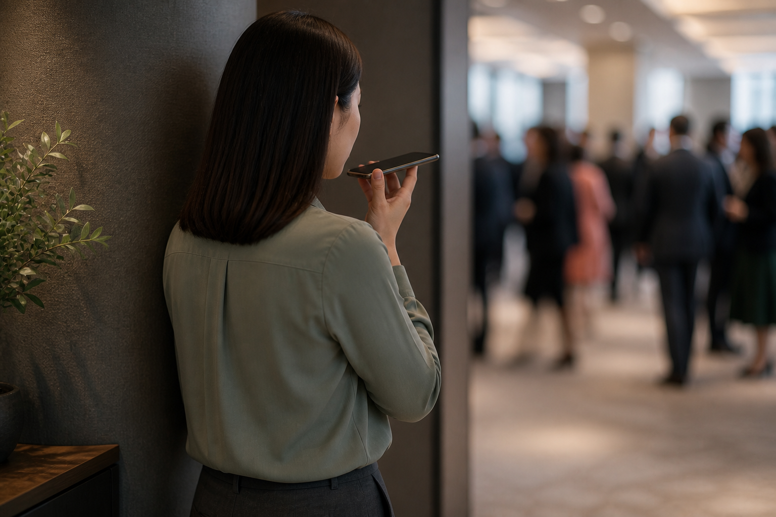 A professional steps aside during a conference break and speaks a short note into her phone.