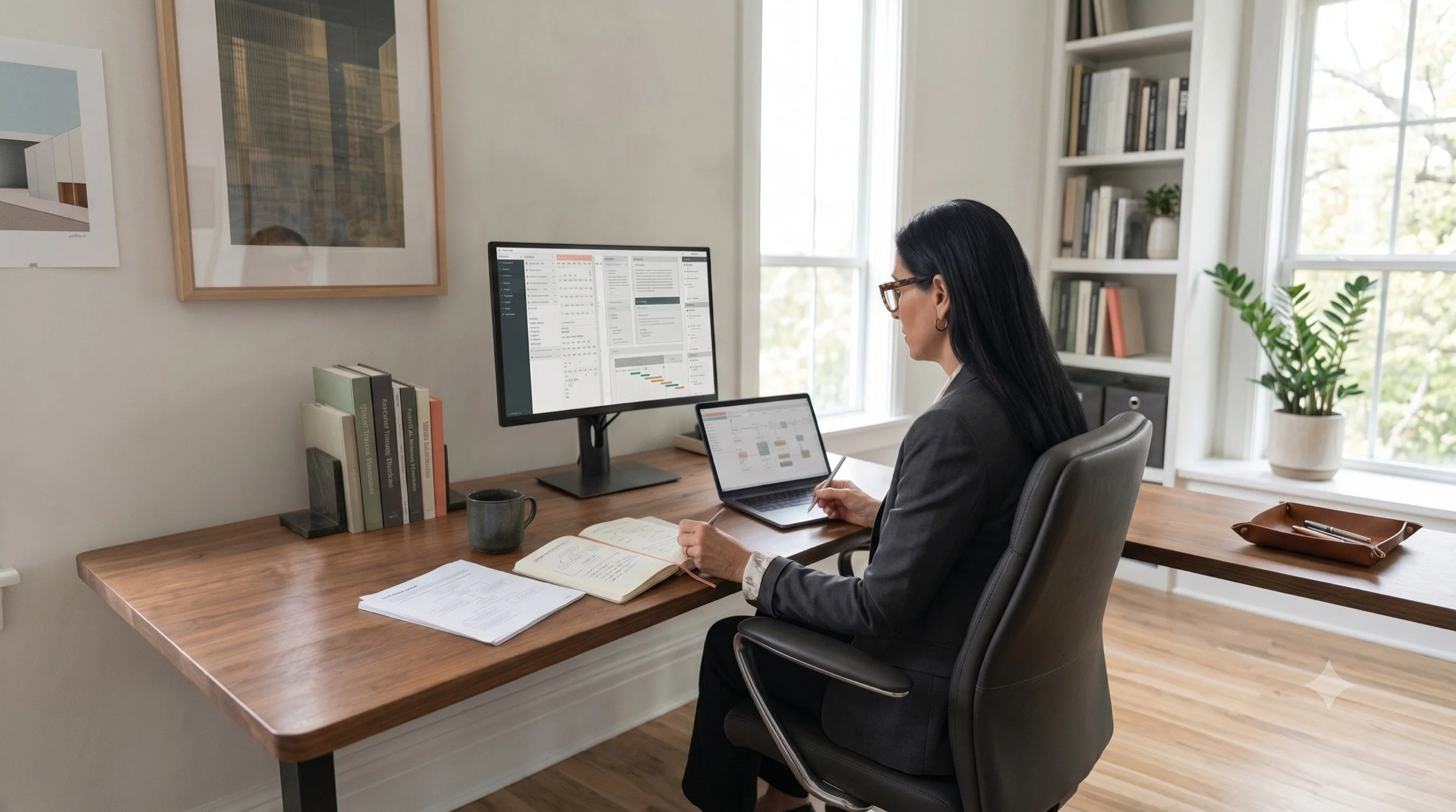 Woman working at a desk with planning tools on two screens.