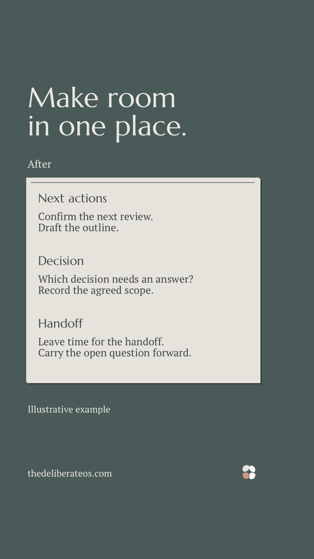 After: one card headed Make room in one place, with the same work grouped under Next actions, Decision and Handoff. Illustrative example.