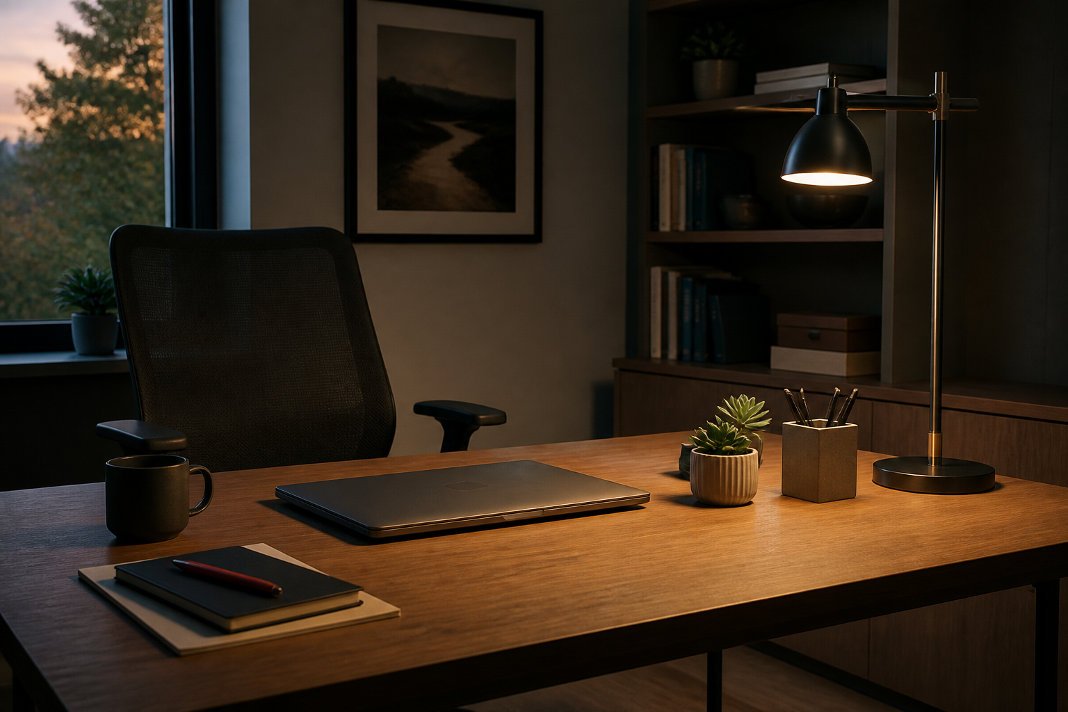 An empty desk at the end of the day, chair pushed back and laptop closed, lit by a single lamp.