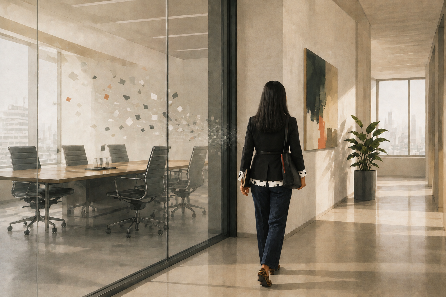 A professional seen from behind leaves a conference room as meeting details appear to fade.