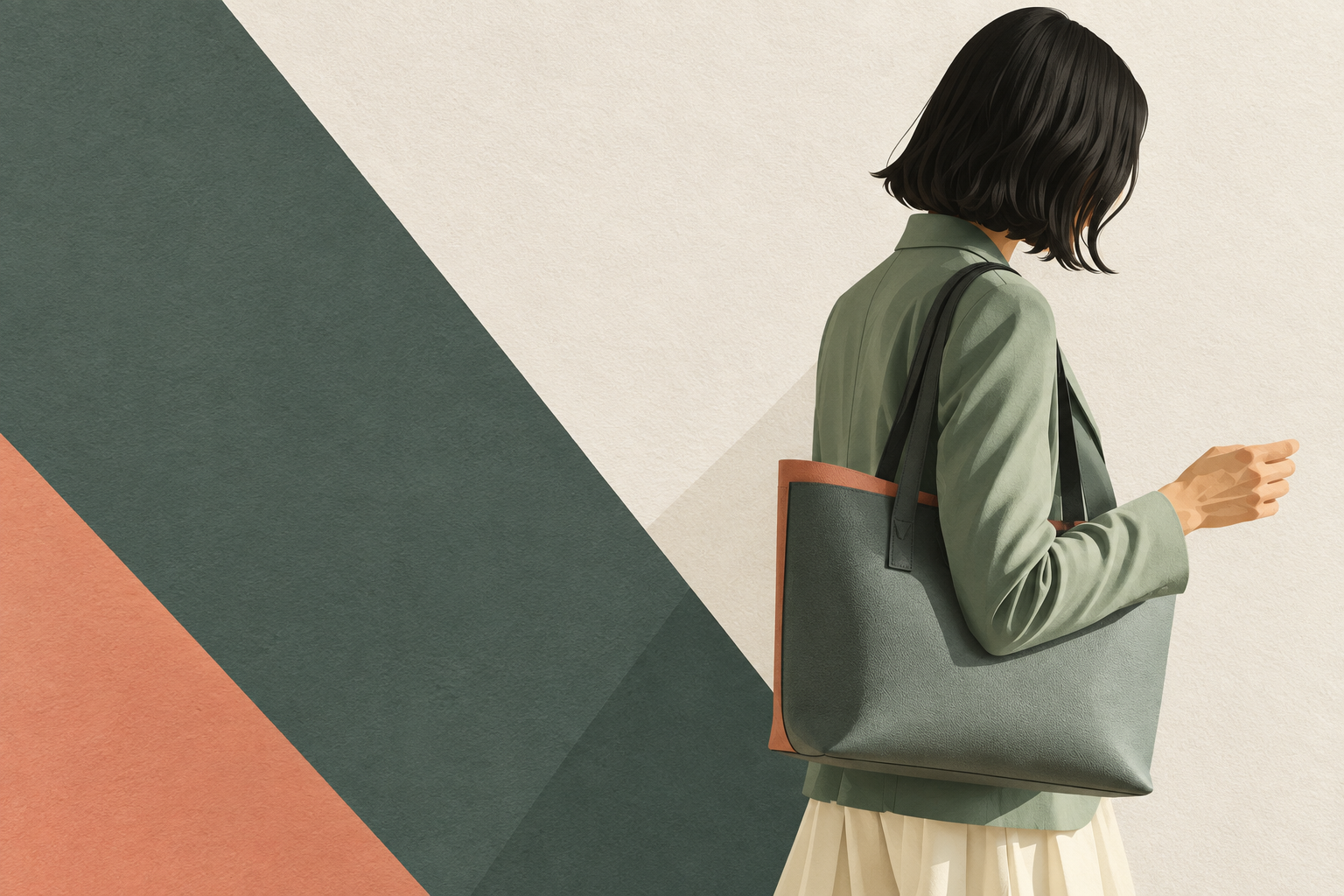 Paper-cut illustration of a woman in a sage blazer carrying a large tote bag, against ivory, sage and coral panels.
