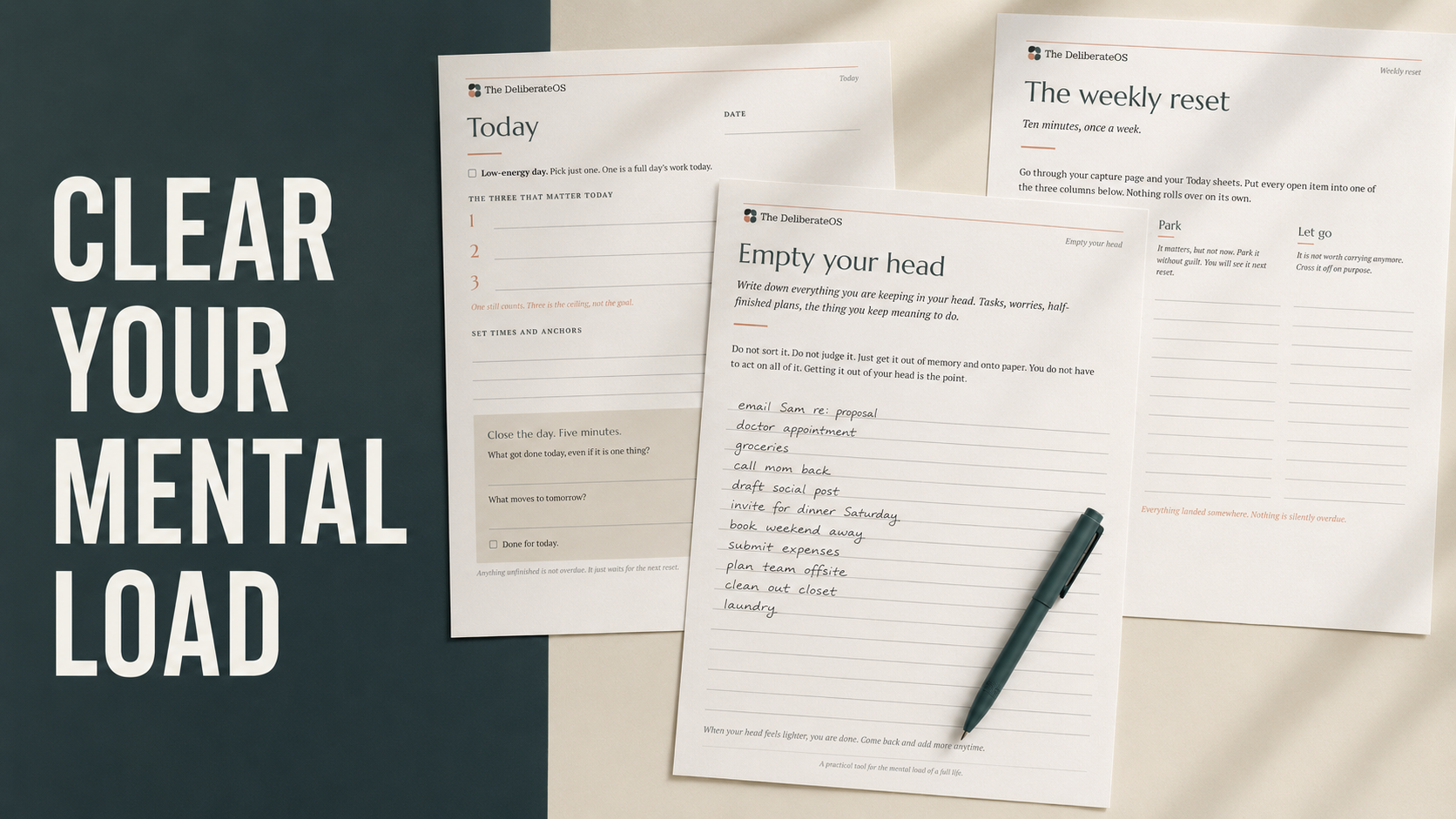 The Mental Load Reset, a three-page printable kit shown with a pen, titled Clear your mental load.