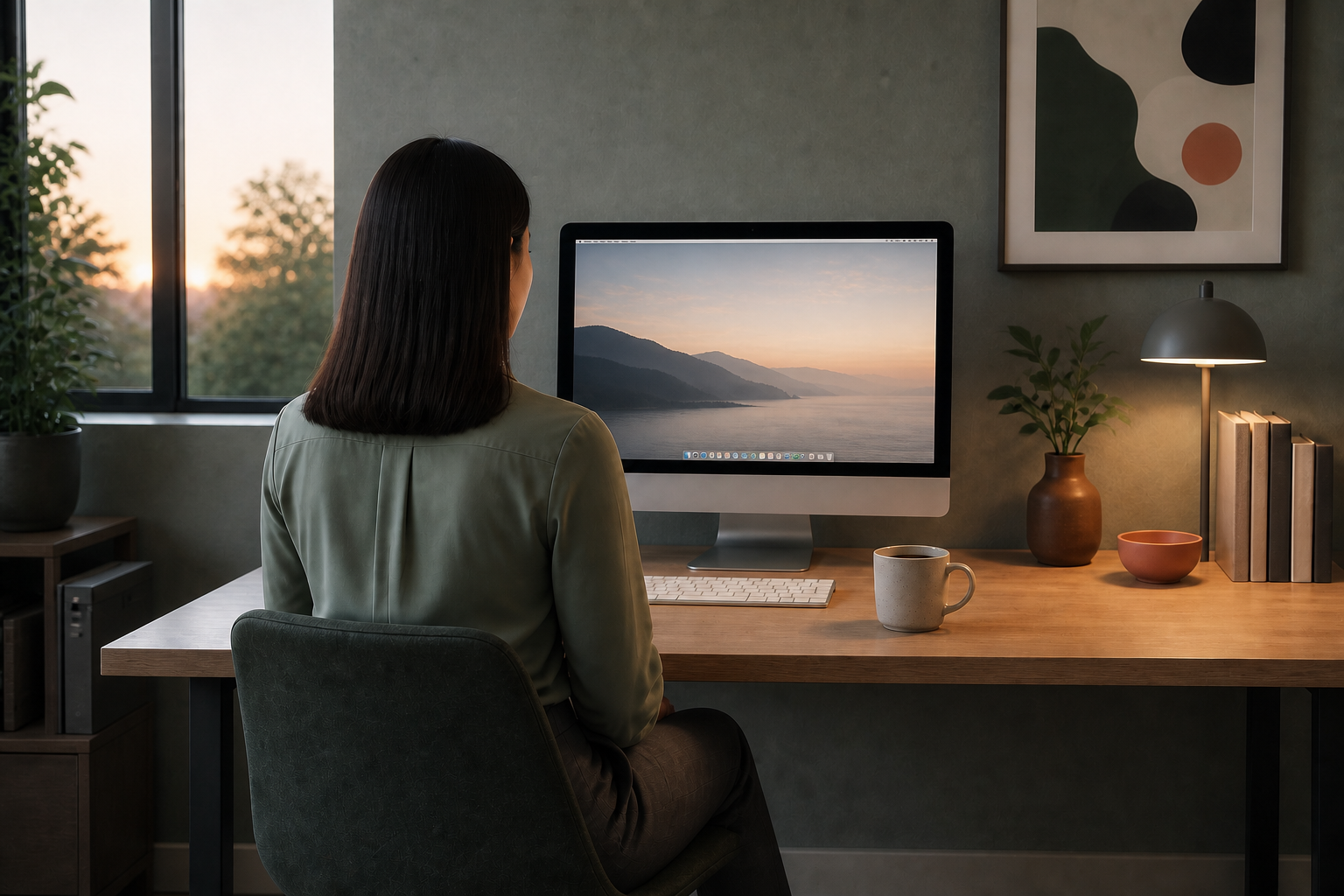 A professional sits at her desk in early morning light, facing a screen she has not started working on.