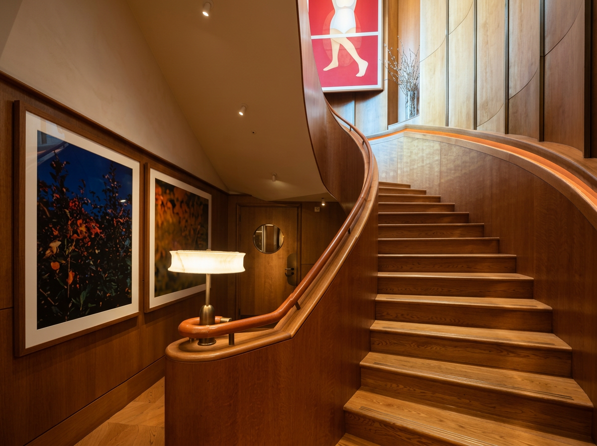 Wooden staircase with curved railing leading up to a second floor. The walls are decorated with art and a framed abstract picture, a rounded mirror, a lamp, and a vase with dried flowers.