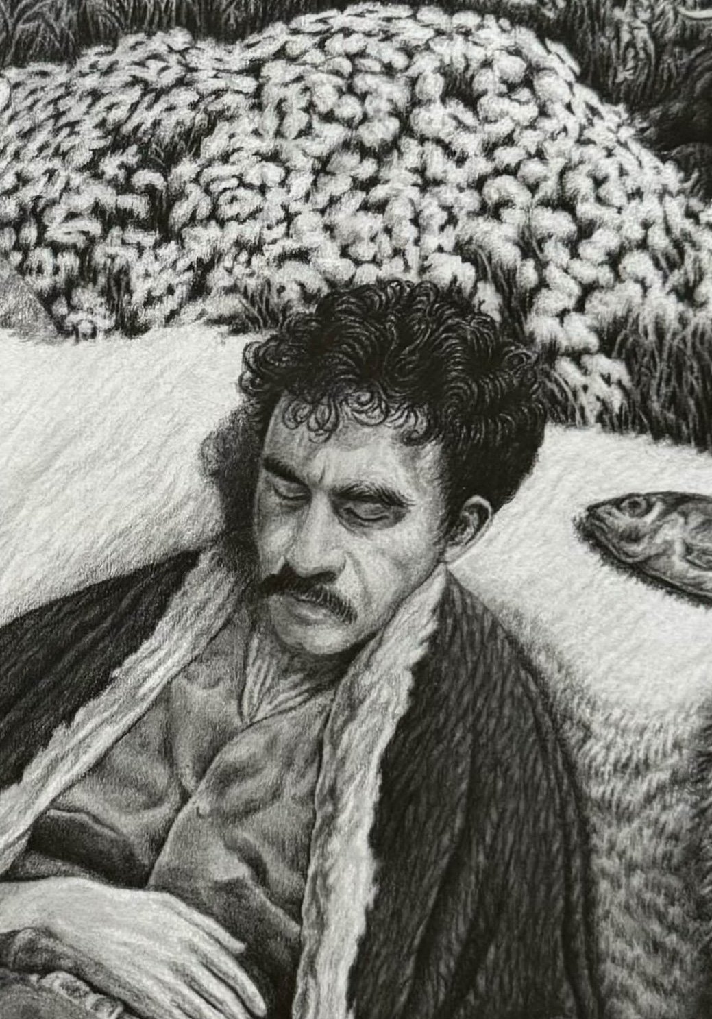 A detailed black and white drawing of a man with curly hair and a mustache, sleeping on a large, fluffy animal with a fish nearby.