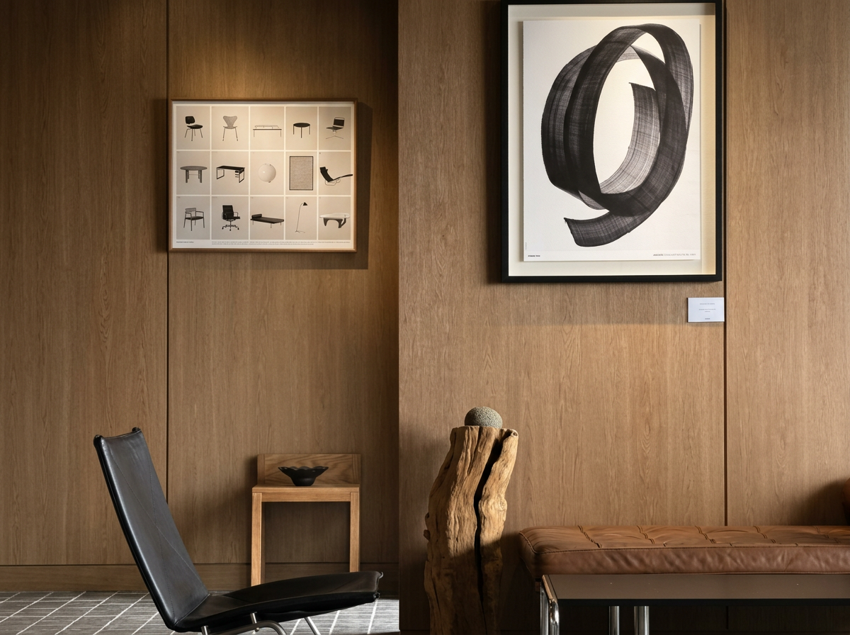 Interior of a modern room with wooden paneled walls decorated with black and white artwork, a black chair, a small table, and wooden accents.