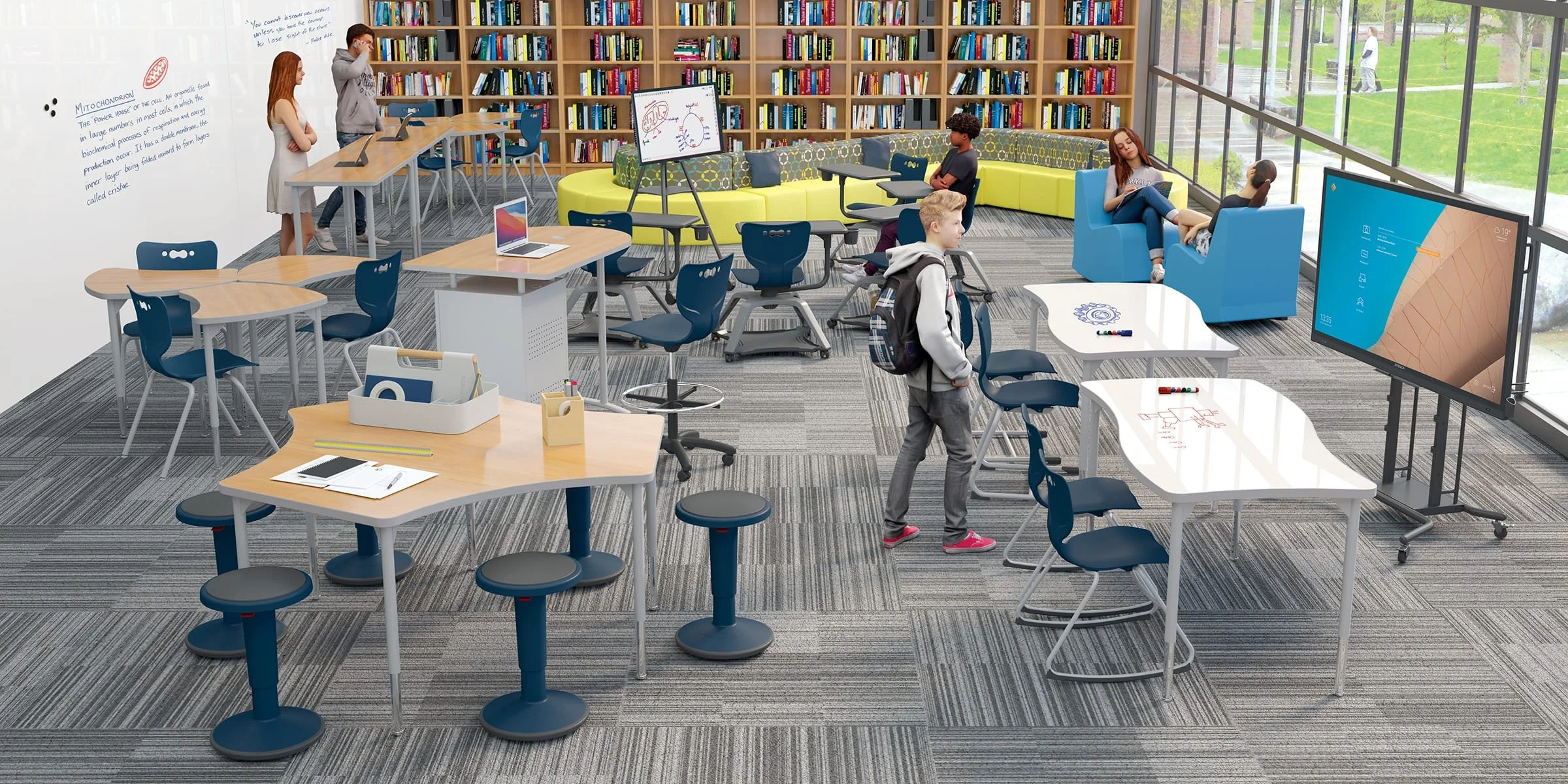 Indiana School Projects Plus (ISP+) in Indiana serves K-12 classrooms and universities: modern study room with multiple chairs and tables, a large bookshelf filled with books, and several students studying or working on laptops and notebooks.