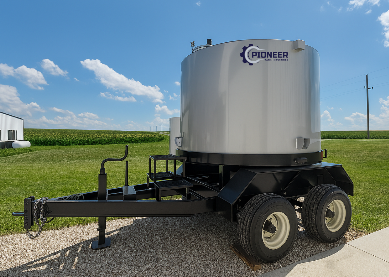 Portable water tank mounted on a black trailer with large wheels, situated outdoors on a grassy area with a building and telephone poles in the background.