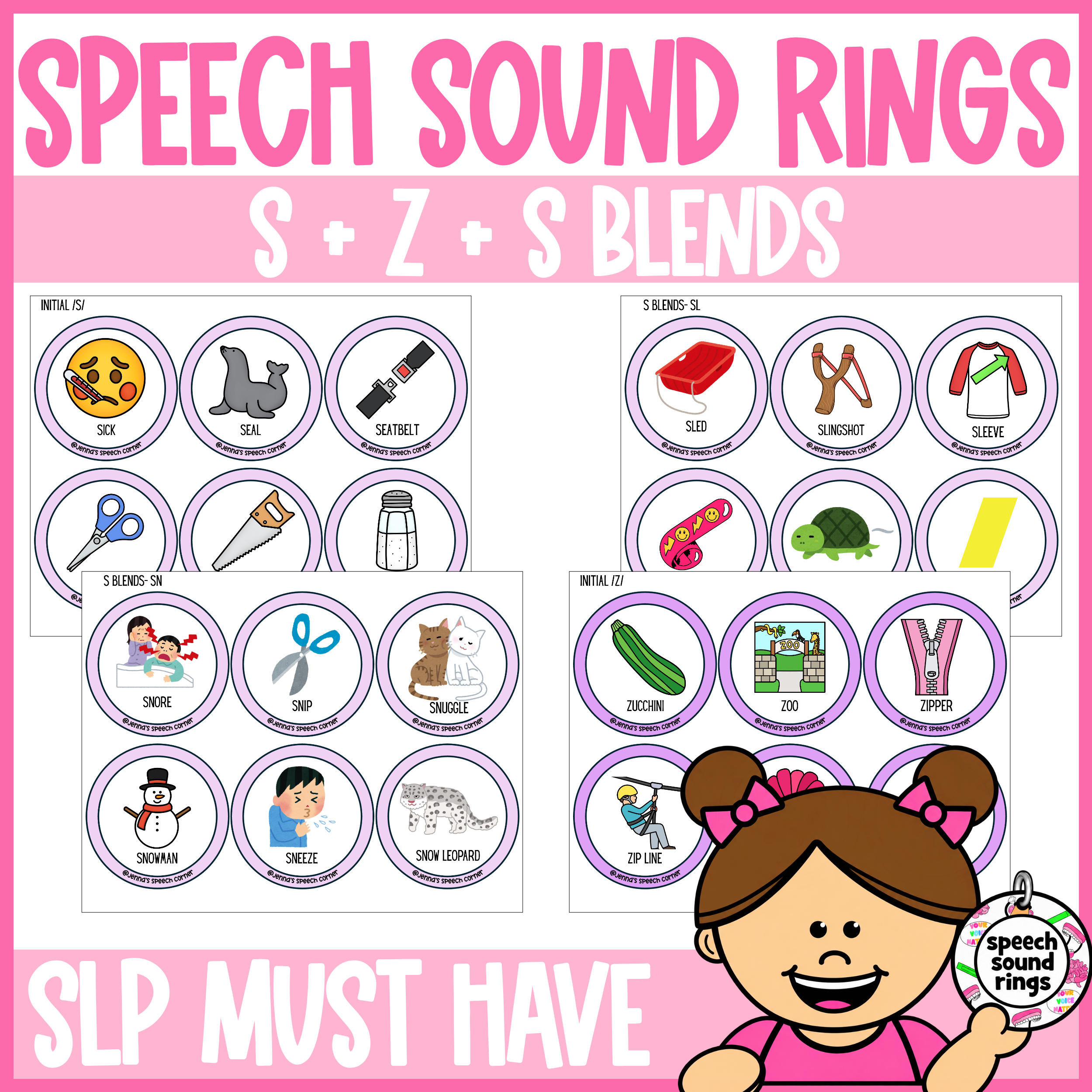 S, Z & S Blend Speech Sound Rings | Grab-and-Go Articulation Cards