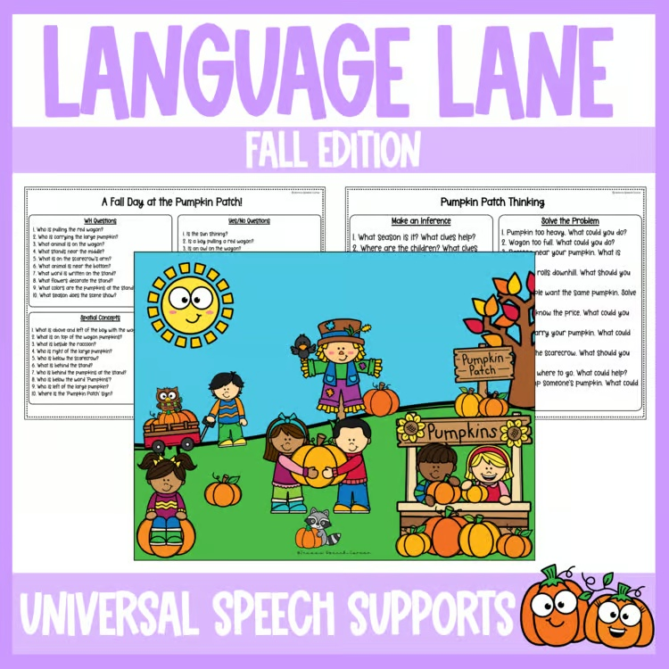 Fall Pumpkin Patch Speech Therapy Busy Scene | WH Questions, Language, Artic