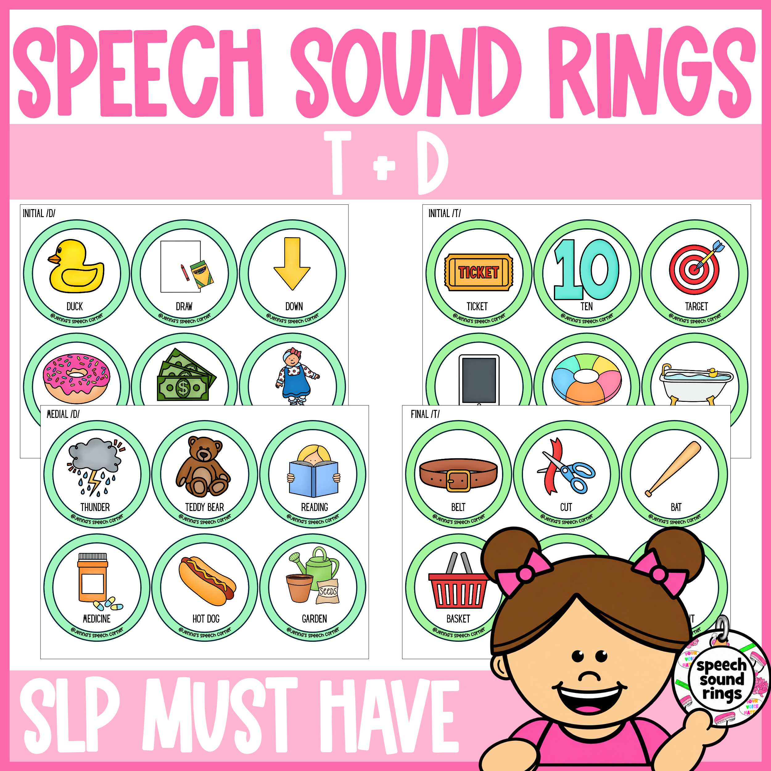 T & D Speech Sound Rings | Grab-and-Go Articulation Cards
