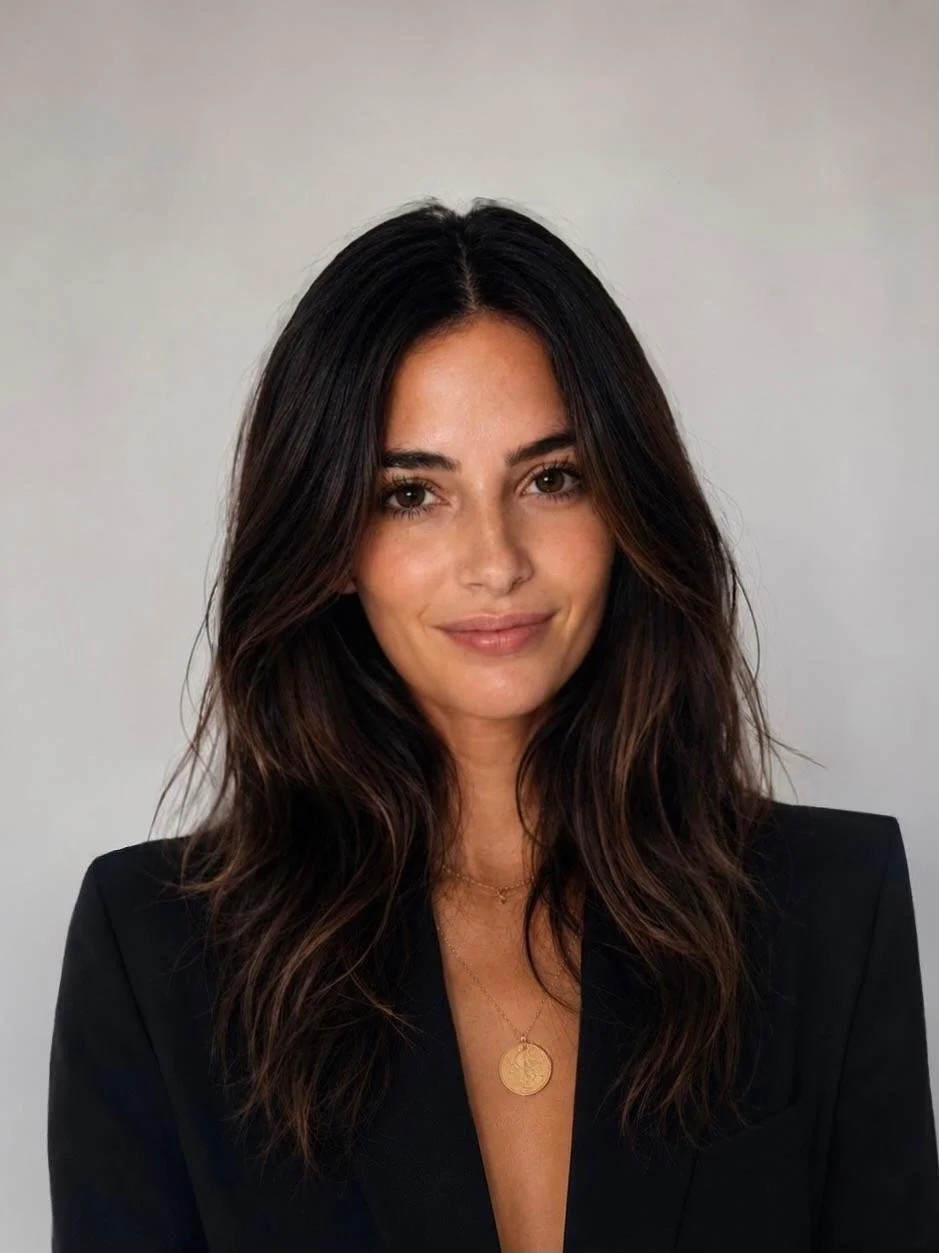 A woman with dark brown, wavy hair wearing a black blazer and gold jewelry against a plain light gray background.