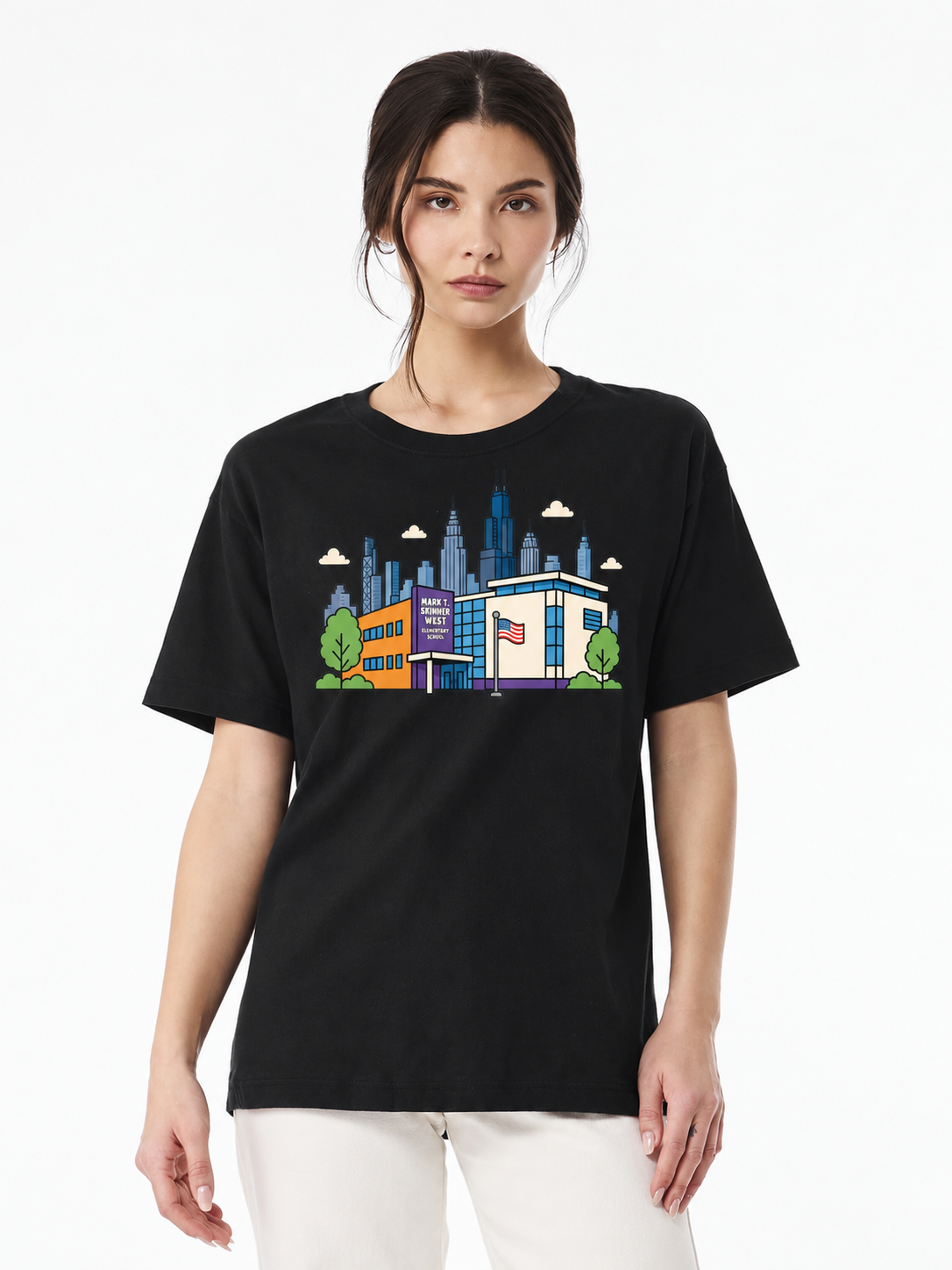 School Skyline Graphic T-Shirt Model.png