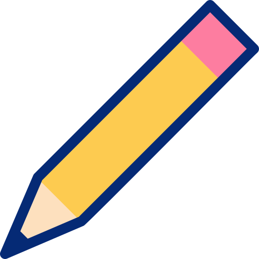 Illustration of a yellow pencil with pink eraser and blue outline.
