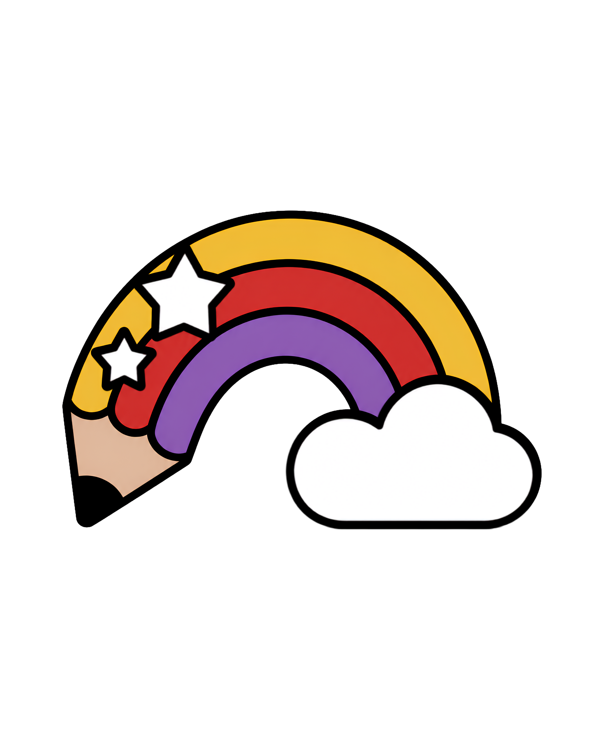 A colorful rainbow with five bands of color: yellow, red, purple, green, and blue. There are three white stars on the rainbow and a white cloud at the bottom right of the rainbow.
