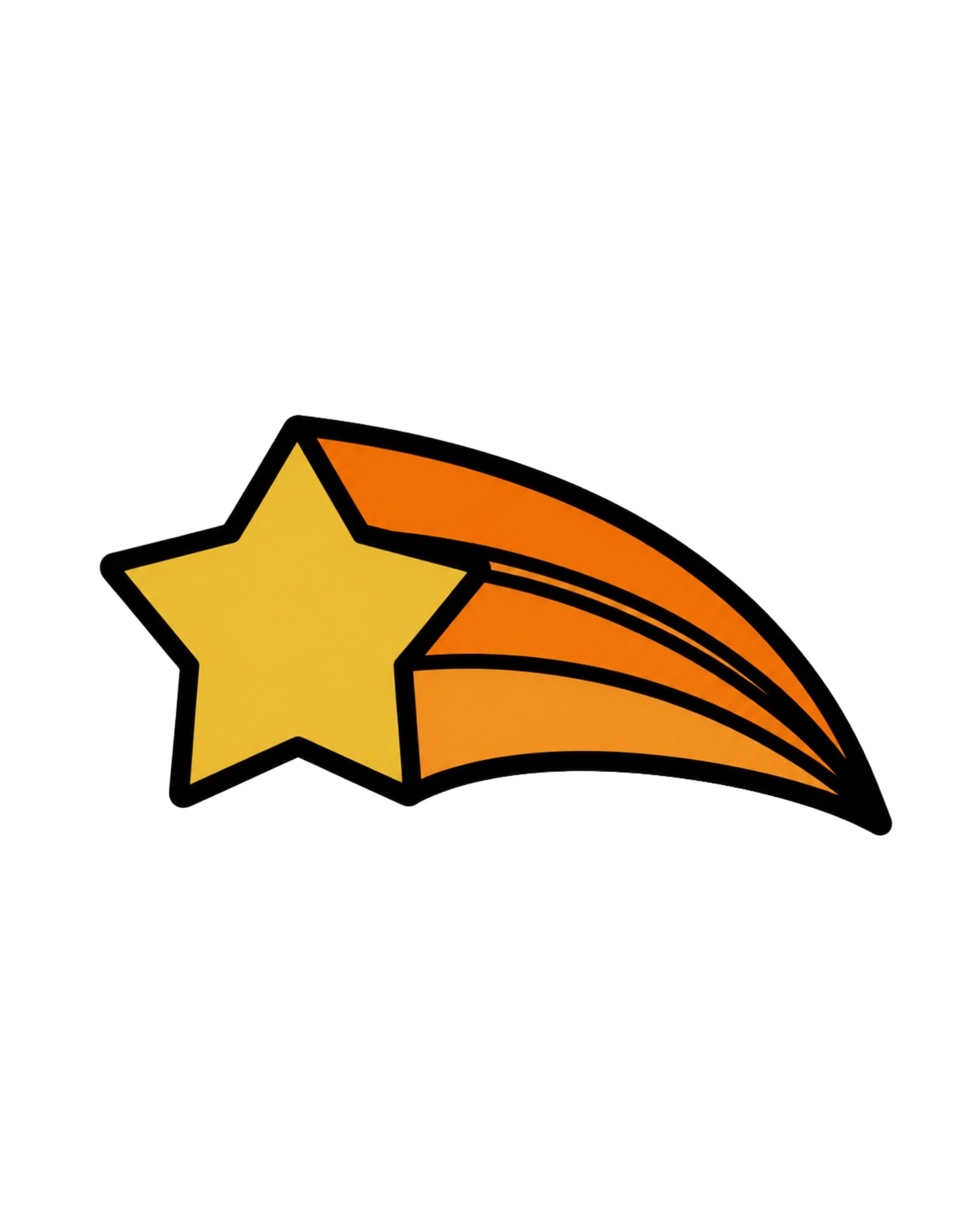 Close-up of a gold star and an orange and yellow comet with a black outline.
