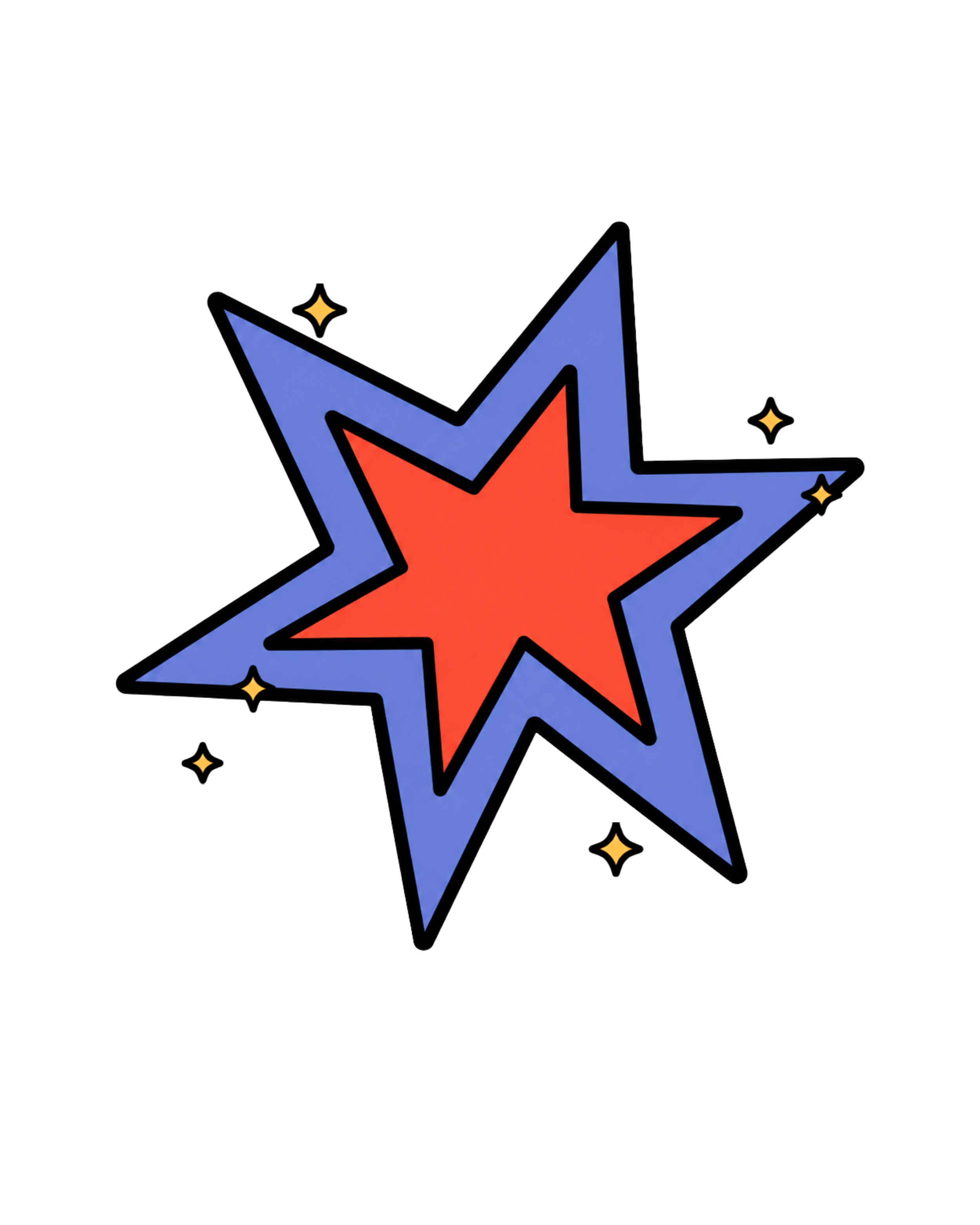 Colorful cartoon explosion with blue and orange borders, small yellow stars, and a black outline on a dark background.