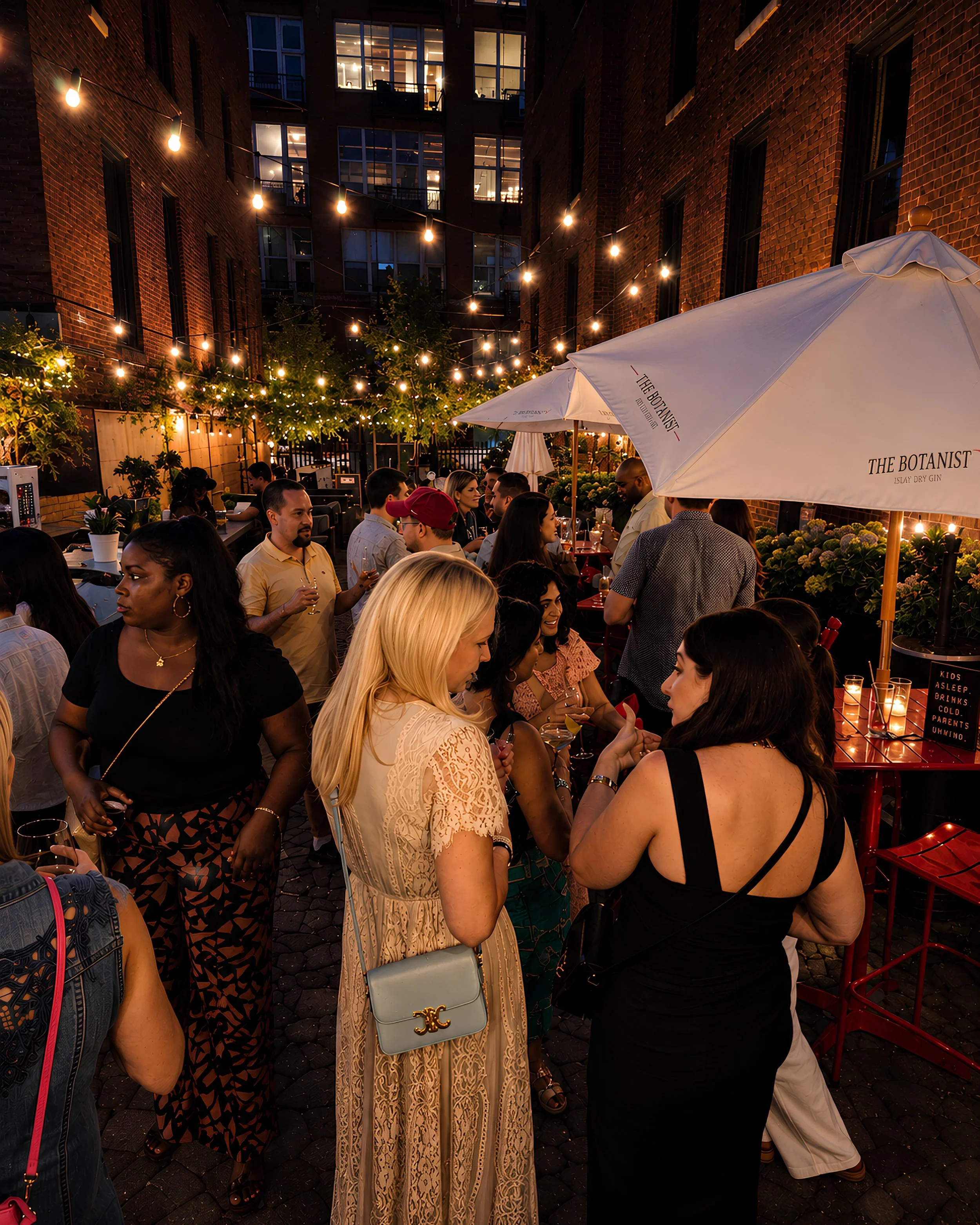 A group of people socializing and talking outside at night, illuminated by string lights, with brick buildings and windows in the background.