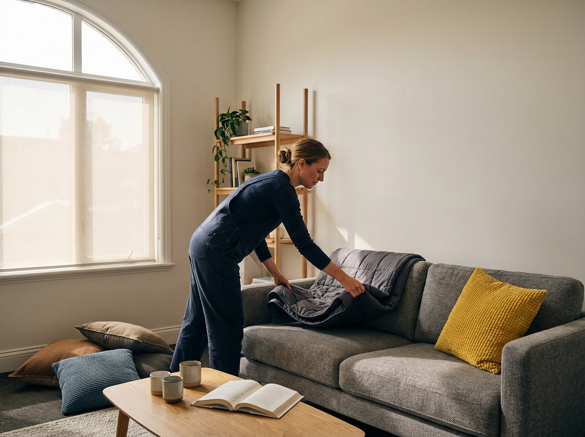 A woman in dark blue pajamas making a gray sofa with a quilted blanket in a living room with a large window, a wooden shelf with plants and books in the background, and a coffee table with cups, an open book, and decorative pillows.