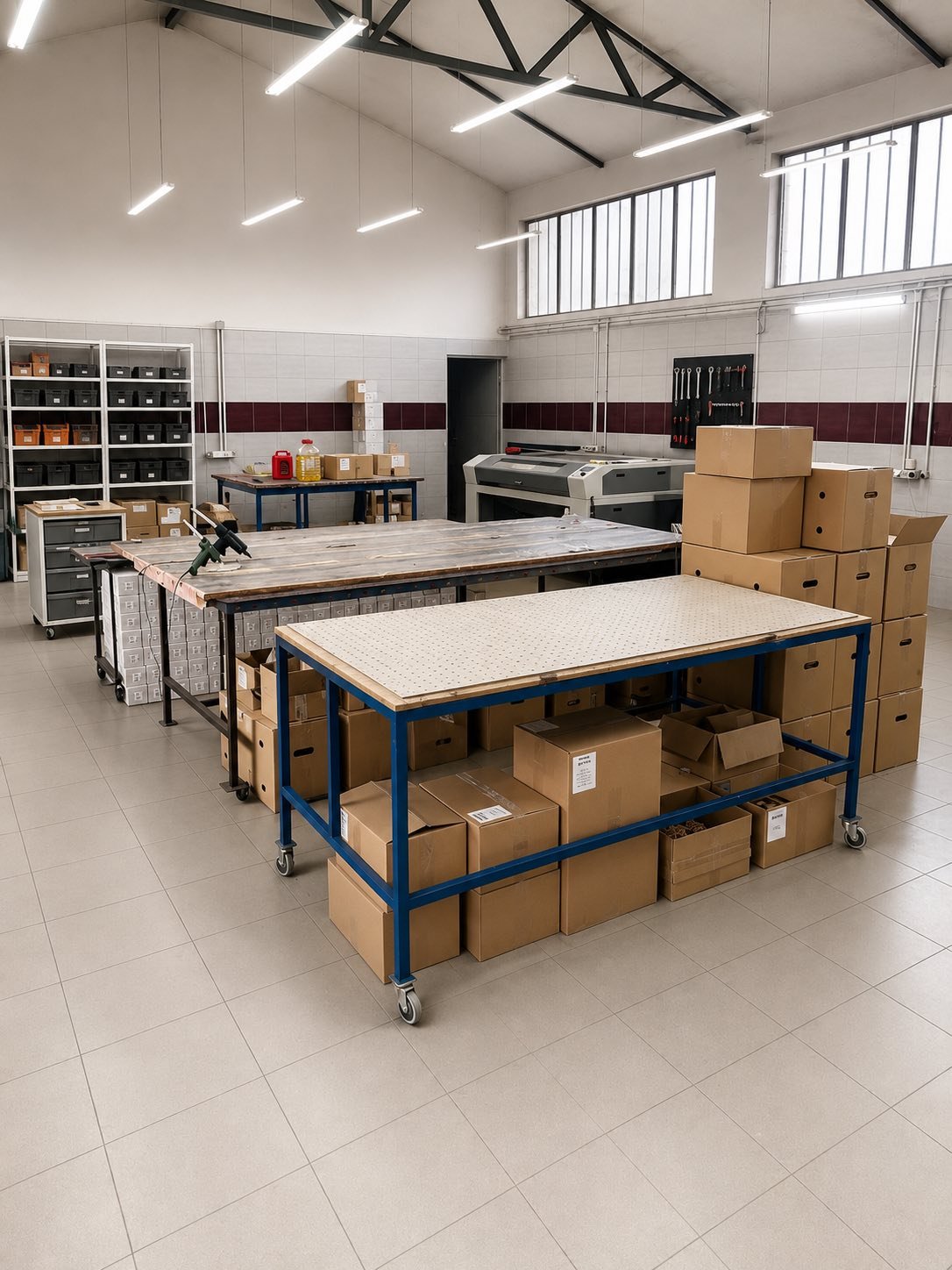 A clean, organized workshop or warehouse with workbenches, cardboard boxes, storage shelves, and various tools and supplies.