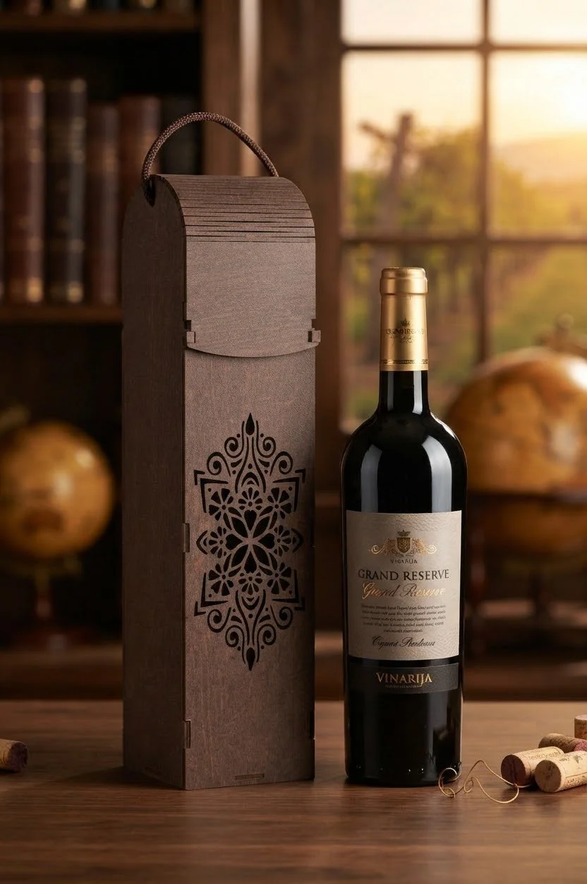 A bottle of Grand Reserve wine next to a decorative box on a wooden table, with a background of bookshelves and windows showing a sunset.