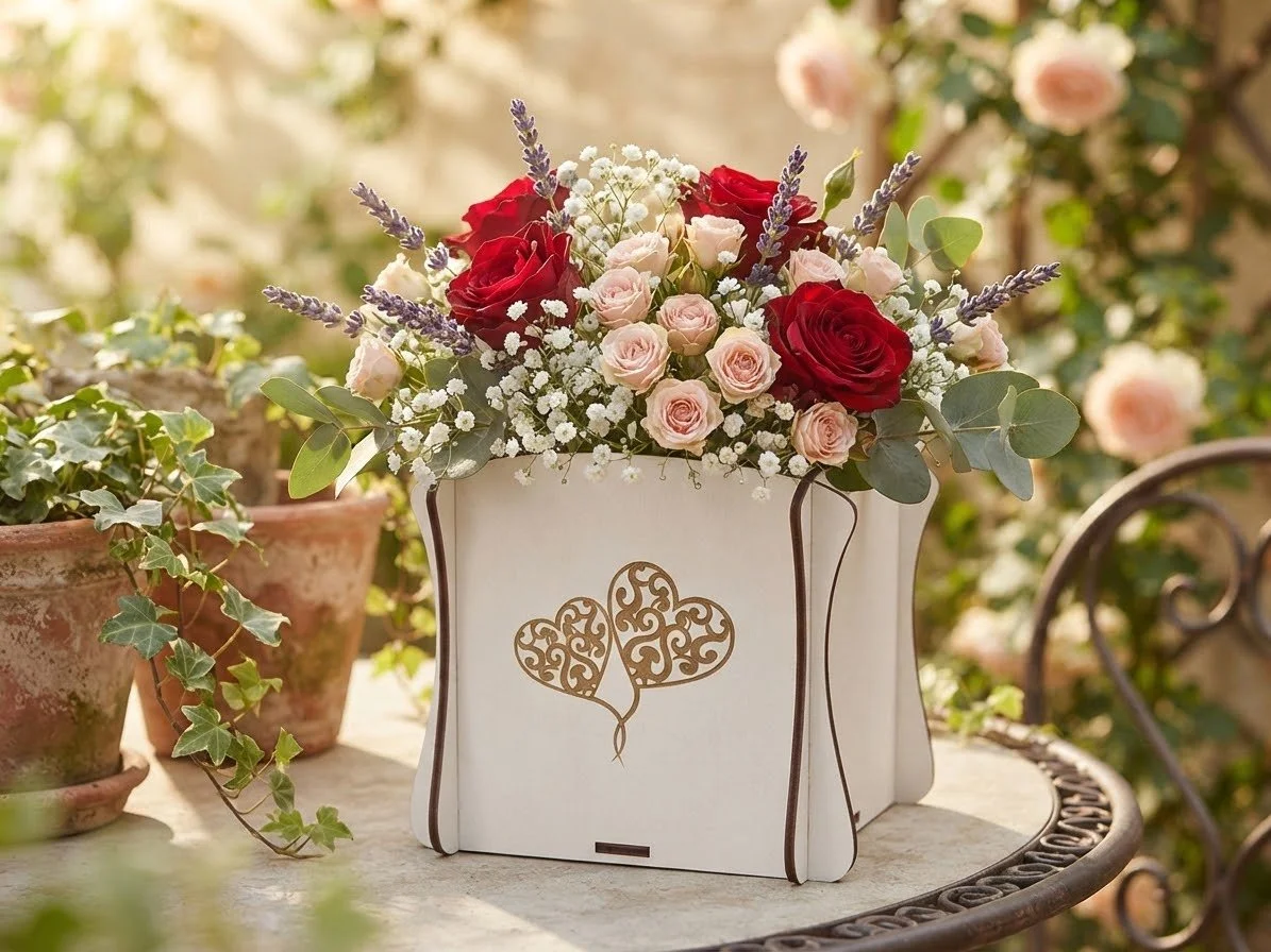 A white decorative box with a gold heart-shaped design on the front, filled with red and pink roses, baby's breath, lavender, and eucalyptus, sitting on an outdoor table.