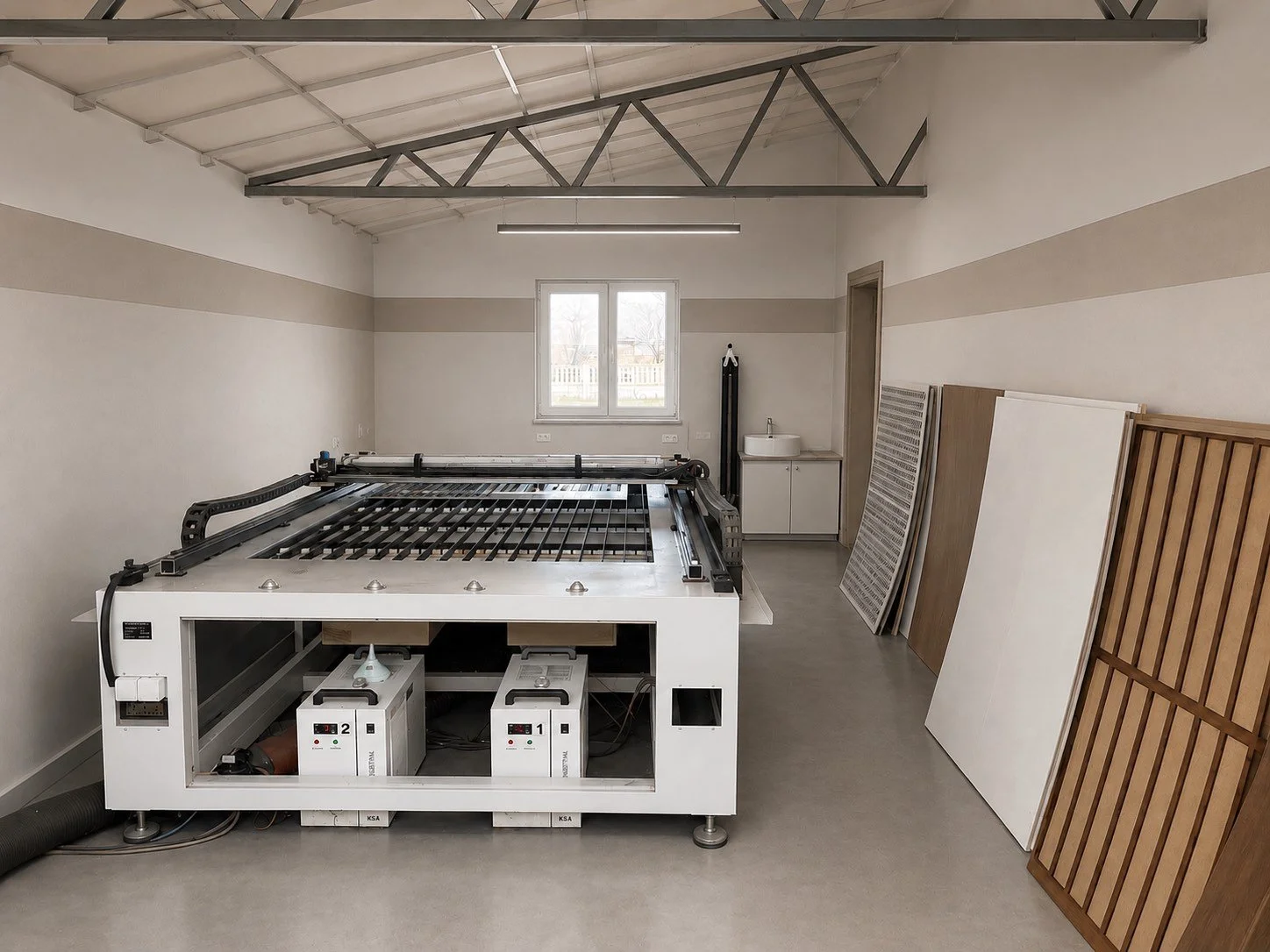 Laboratory or workshop space with large CNC machine or laser cutter, wooden panels leaning against the wall, window, small sink, and work table