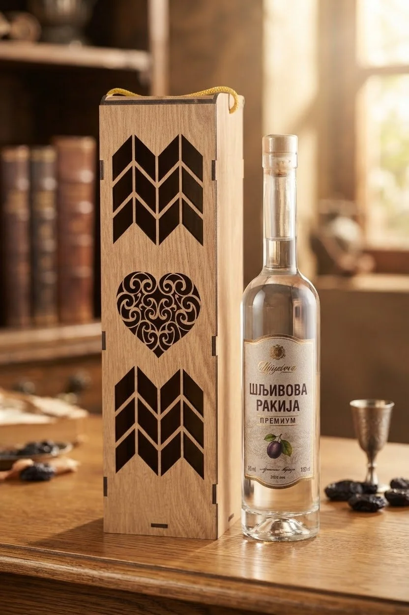 A bottle of vodka next to a decorative wooden box with black cutout designs, on a wooden table in a cozy room.