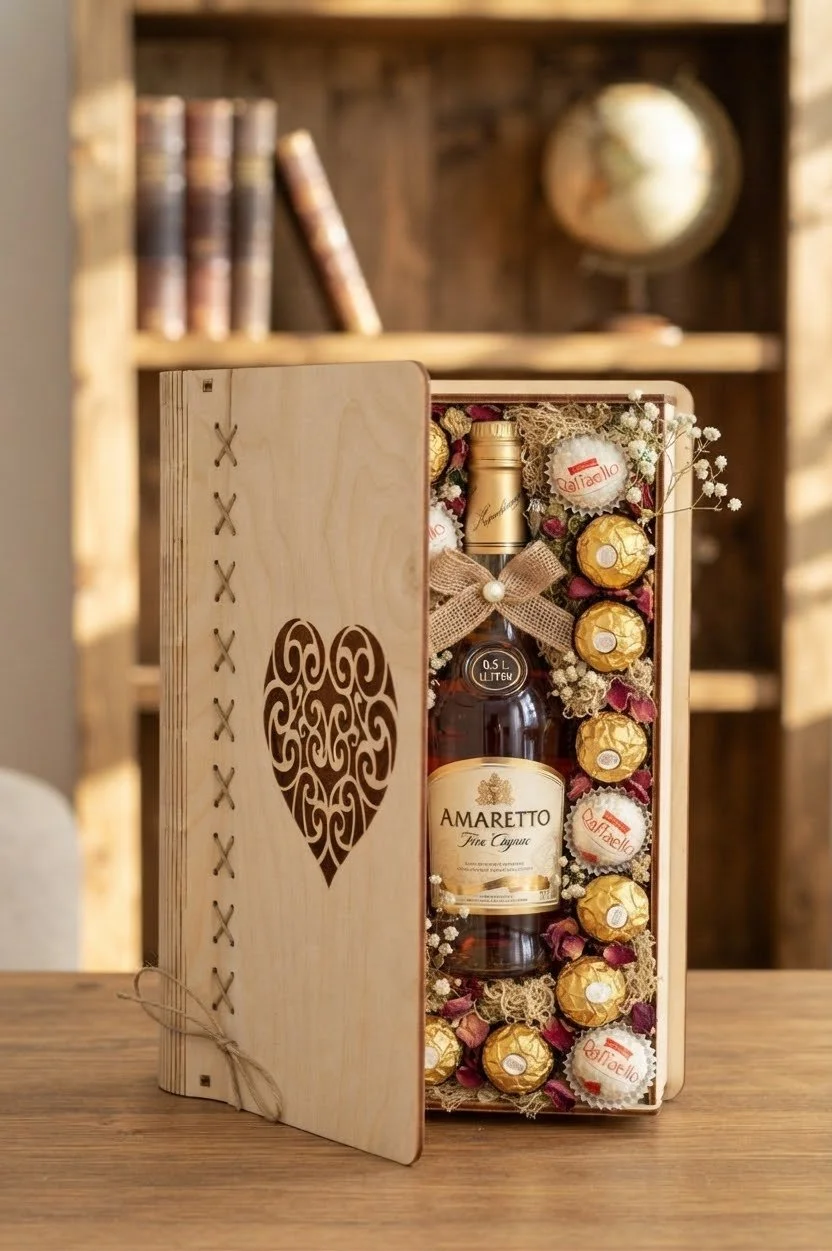 A wooden gift box containing a bottle of Amaretto liqueur and assorted chocolates, decorated with dried flowers and a bow. The box is partially open, revealing the gift inside.