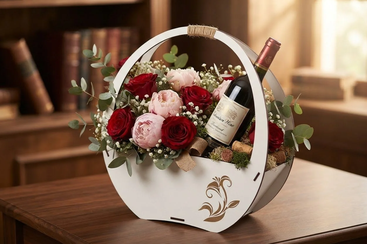 A decorative gift basket with red and pink roses, white baby's breath, eucalyptus leaves, a bottle of red wine, and corks, on a wooden table in a room with wooden bookshelves.