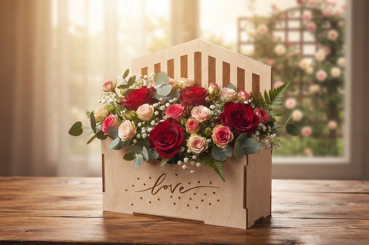 Wooden box filled with pink and red roses, white baby's breath, and green foliage, with the word 'love' inscribed on the front, placed on a wooden table with a background of a window with curtains and blooming flowers outside.