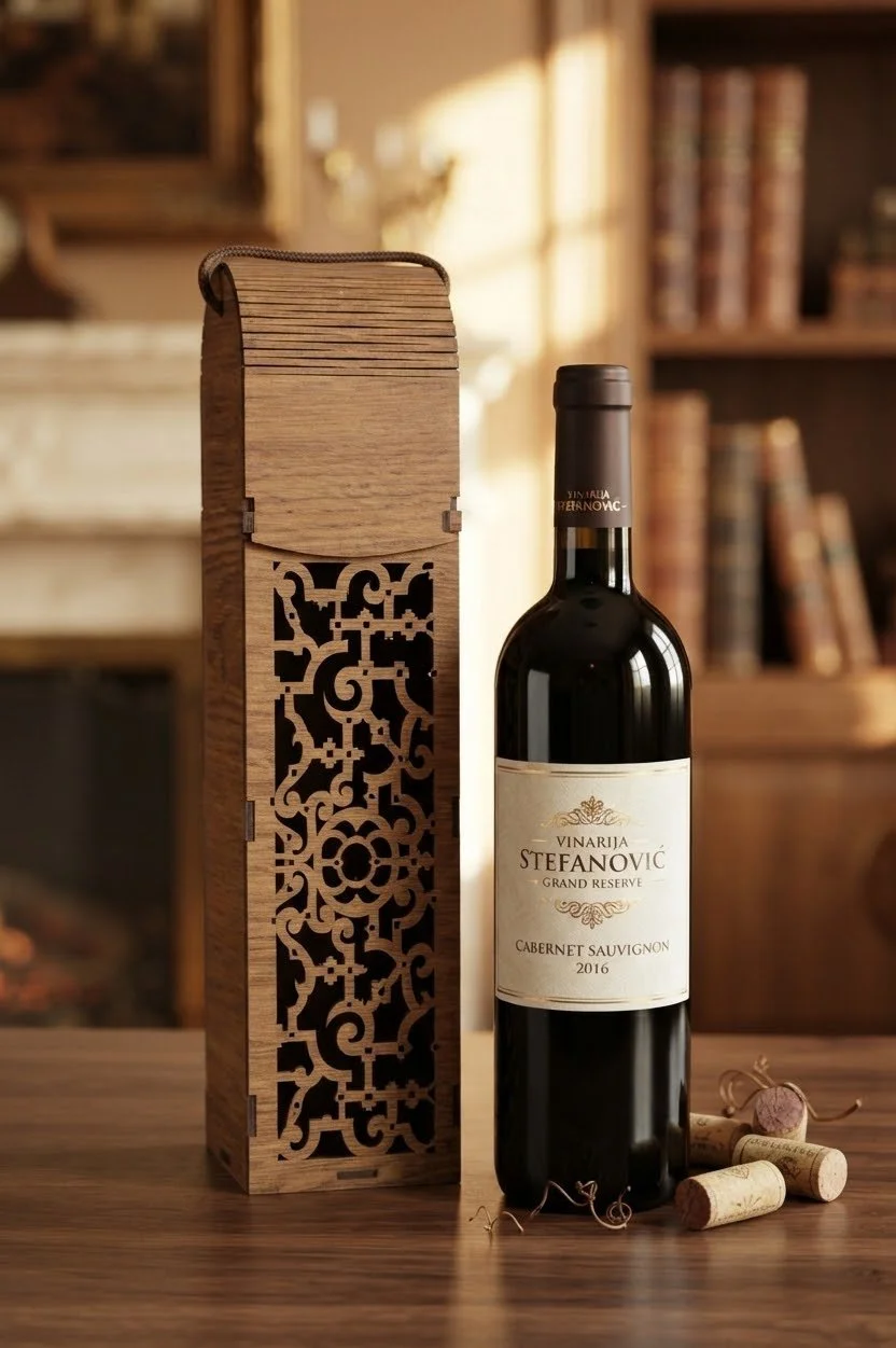 A bottle of Vinarija Stefanovic Grand Reserve Cabernet Sauvignon 2016 next to a decorative wooden box and corks on a wooden table, with a blurred background of bookshelves and a fireplace.