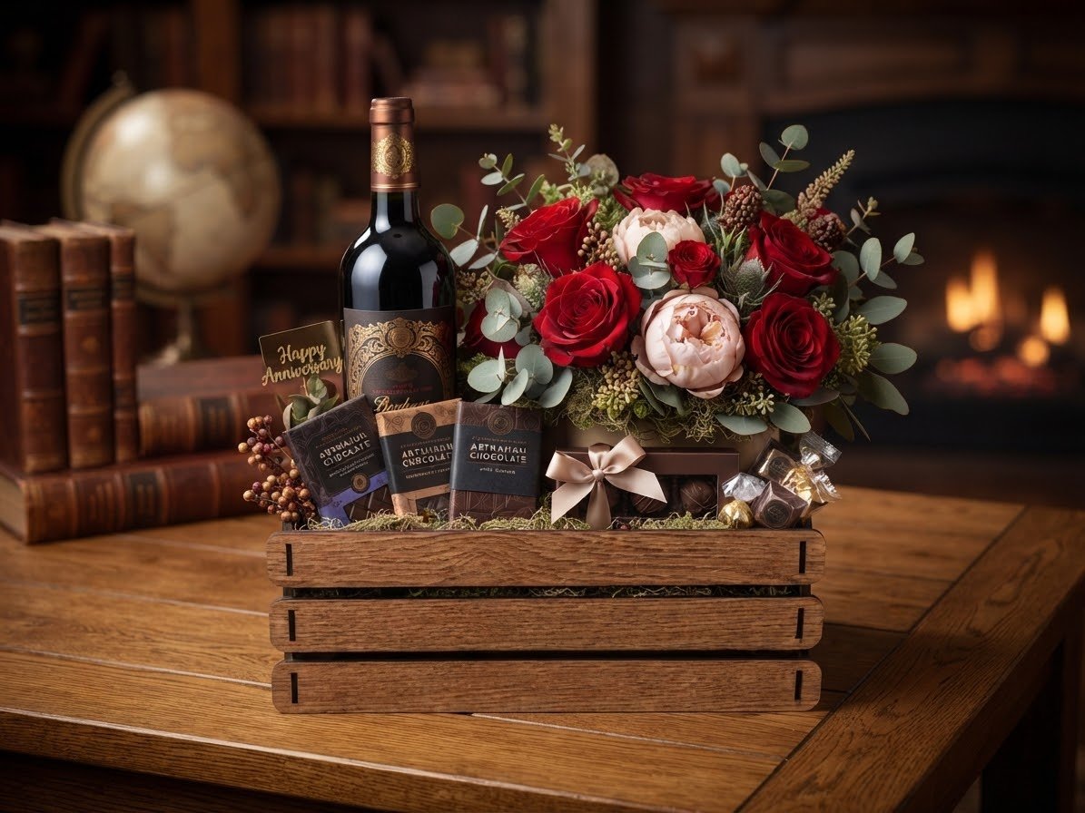 A gift basket with a bottle of red wine, a bouquet of red and white roses, peonies, eucalyptus, chocolates, and a 'Happy Anniversary' card, placed on a wooden table in front of a fireplace.