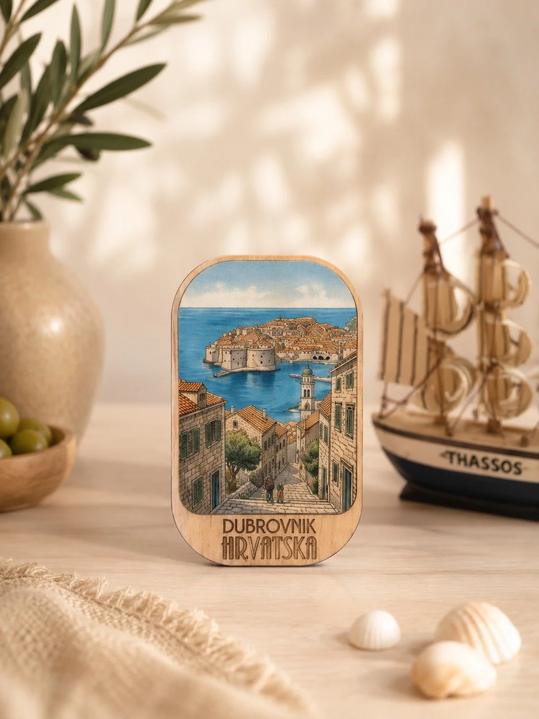 Decorative wooden souvenir with an illustration of Dubrovnik, Croatia, featuring historic buildings, a stairway, and the sea, labeled "DUBROVNIK HRVATSKA." Surrounding objects include a potted plant, a model ship labeled "THASSOS," and seashells on a light-colored surface.