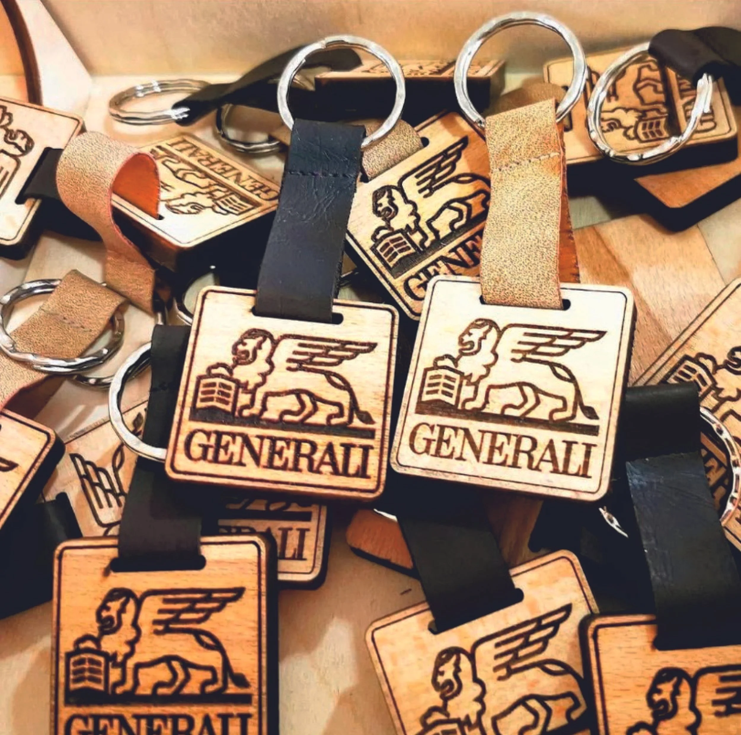 Multiple wooden keychains with engraved logos, featuring the word 'GENERAL' and an emblem, attached to silver key rings and black straps.