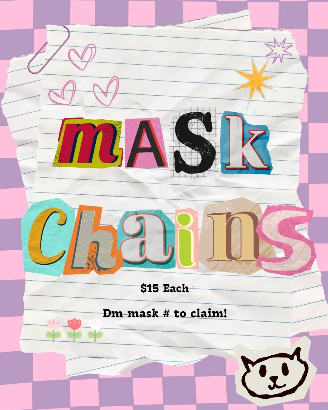 Selling mask chains that I made for $15 each- being hot in a mask is praxis, so no more plain masks! Make em look cute! Dm me with the number of the mask chain you want to claim 🩷