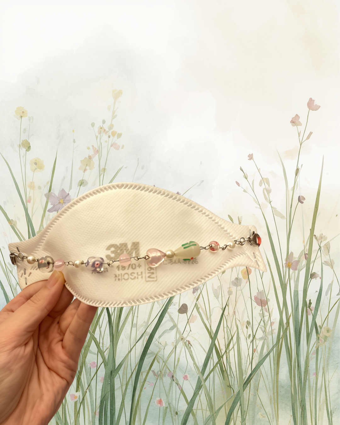 A hand holding a shell-shaped dish containing a bracelet with colorful beads and charms, against a background of a floral pattern wall.