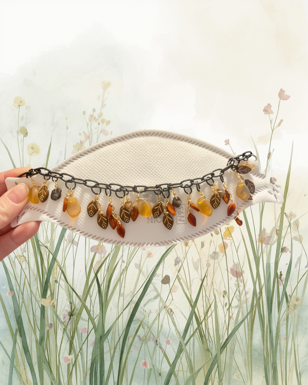 Bracelet with leaf and droplet shaped charms hanging from a black chain, displayed on a white leaf-shaped dish over a floral wallpaper background.