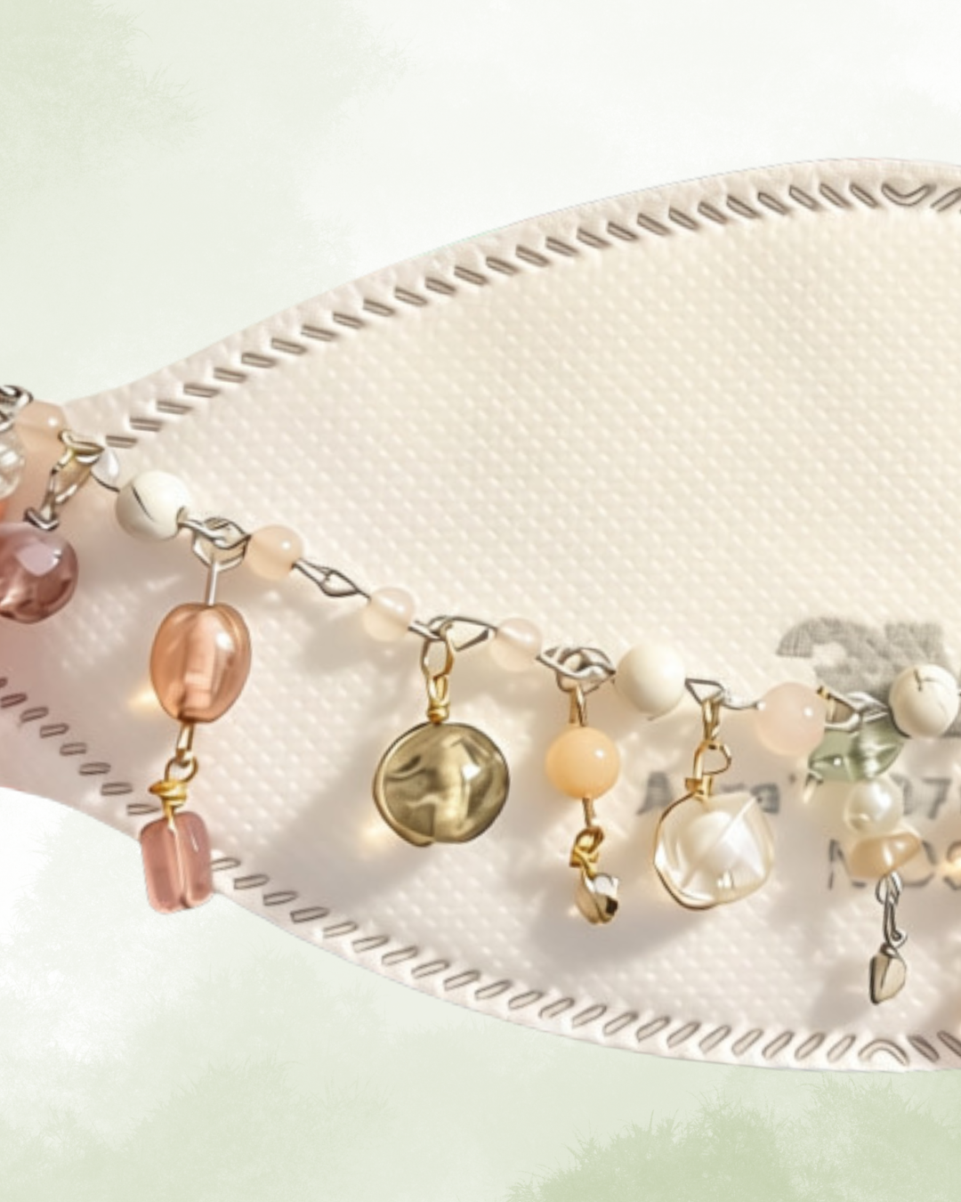 Beaded mask chain with various shaped and colored beads, resting on a white protective mask.