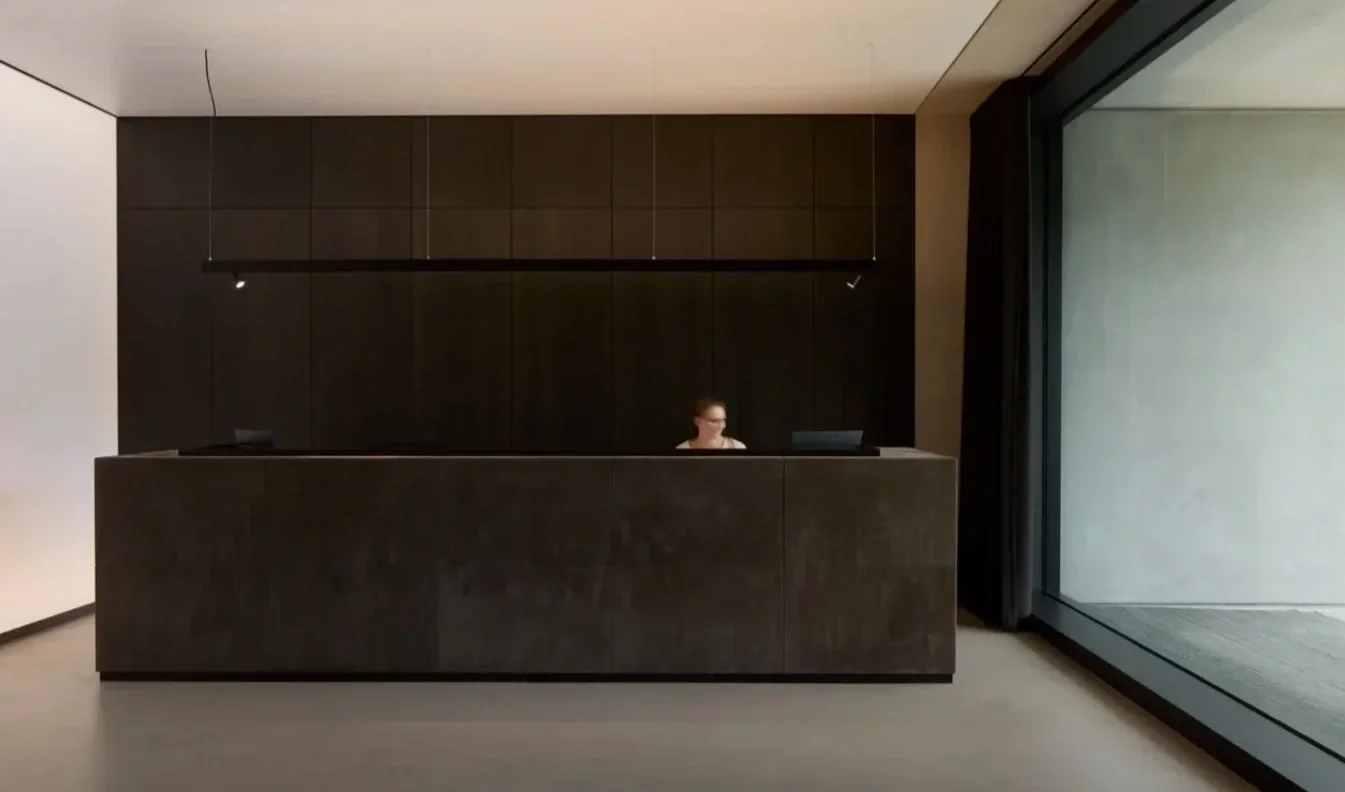 Reception desk with a person behind it in a modern, minimalist lobby with dark wood panels and large glass window.