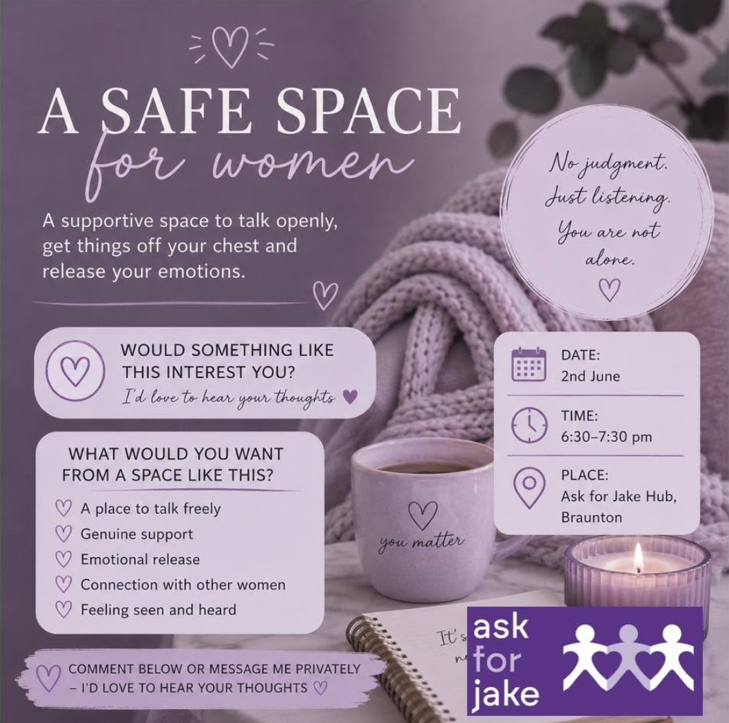 Flyer for a women's support group titled 'A Safe Space for Women.' It offers a supportive space to talk openly, share emotions, and connect with other women. The flyer includes details for a meeting on June 2nd from 6:30 to 7:30 pm at Jake Hub in Braunton. The background features a cup of coffee, a lit candle, and a cozy blanket with lavender tones.