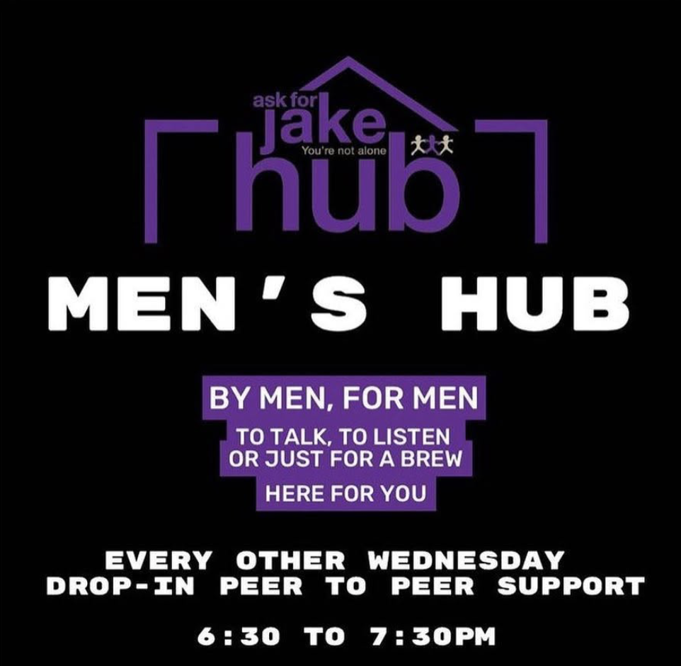 Flyer for a men's support group called 'Men's Hub' with purple and white text on a black background. It mentions the group is run by men, for men, meeting every other Wednesday from 6:30 to 7:30 pm, for talking, listening, or just having a beer, and offers peer support.