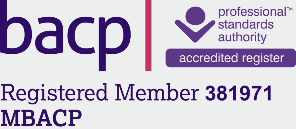 BACP accreditation badge showing registered member number 381971 and MBACP designation, with logos for professional standards authority and accredited register.