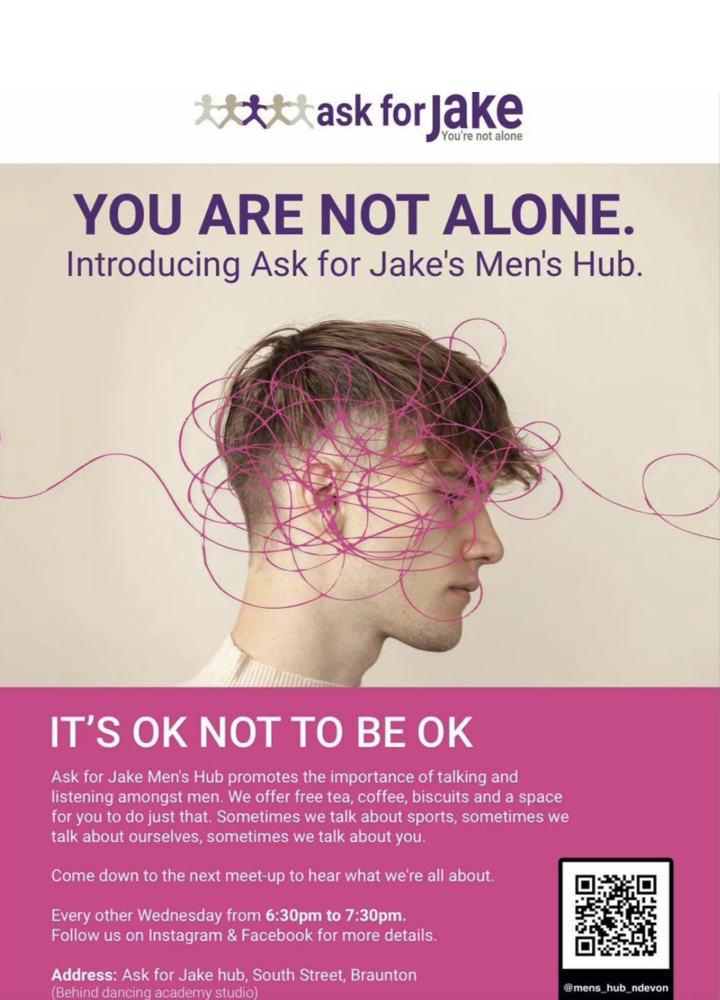Poster for 'Ask for Jake' men's support group with a profile image of a young man with tangled pink lines around his head, promoting mental health awareness and community meet-ups.