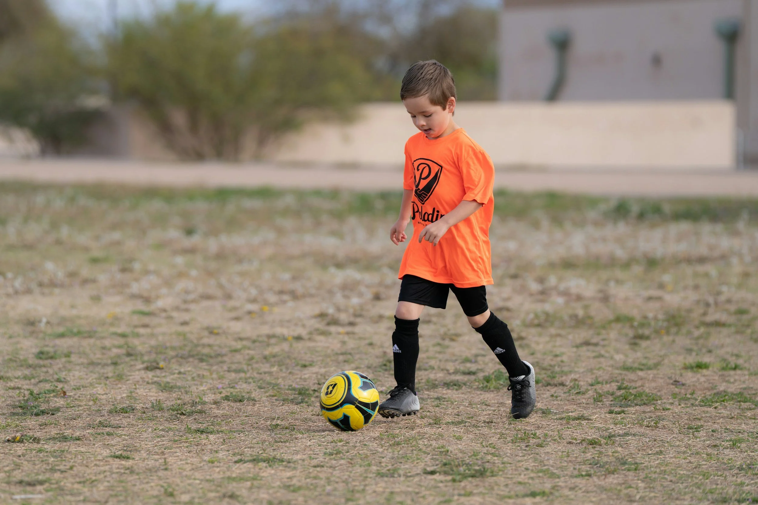 A young boy dressed in an orange soccer jersey, black shorts, and black knee-high socks is on a grassy field, about to kick a yellow and black soccer ball. He is looking down at the ball with focus. The background shows some bushes and a building.