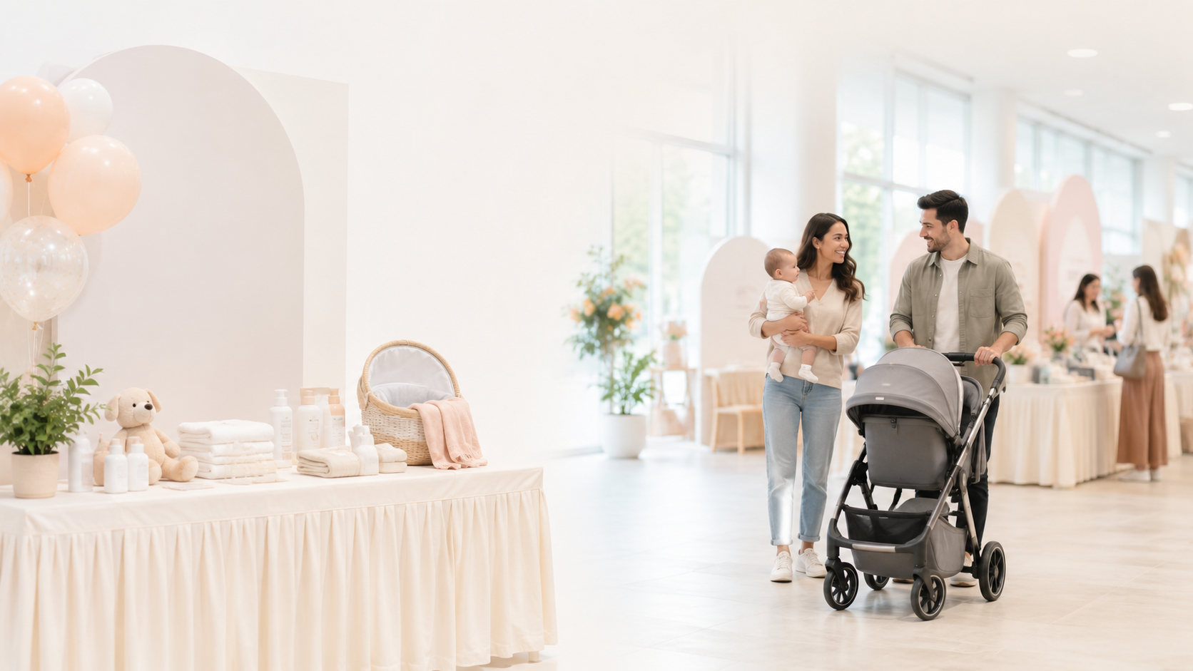 A family at a baby expo interacts in a decorated, brightly lit space with balloons, a table with baby items like diapers and bottles, and other guests in the background.