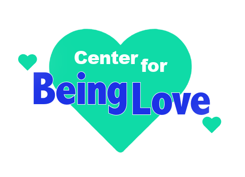 Bright teal heart with white and dark blue text that reads "Center for Being Love" surrounded by small teal hearts on a white background.